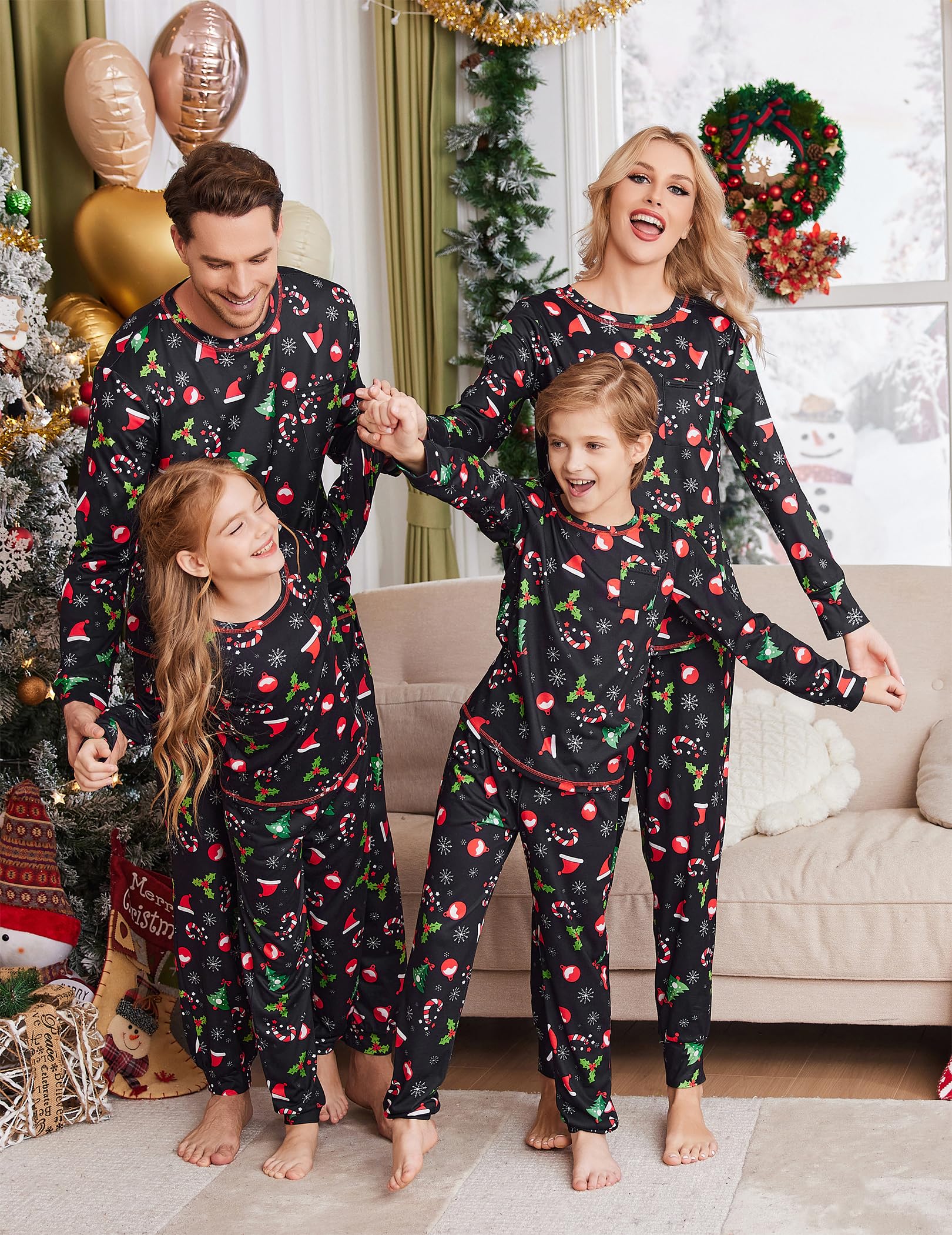 Ekouaer Christmas Pajamas for Family Matching Long Sleeve Holiday Pjs Loungewear 2 Piece Lounge Sets Christmas Hat on Black Women L