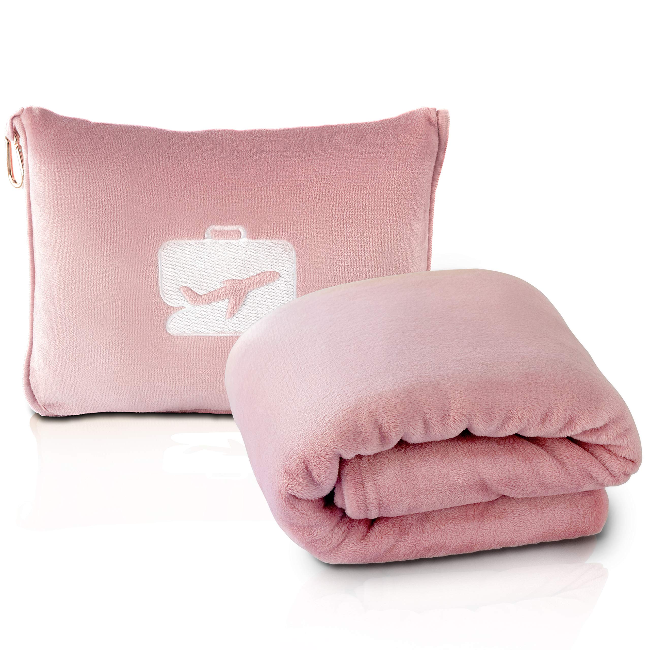 EverSnug Travel Blanket and Pillow - Ultra-Soft, Compact & Lightweight, 65x40 Inches, with Carry Case, Luggage Sleeve & Backpack Clip for Airplane Comfort (Light Pink)