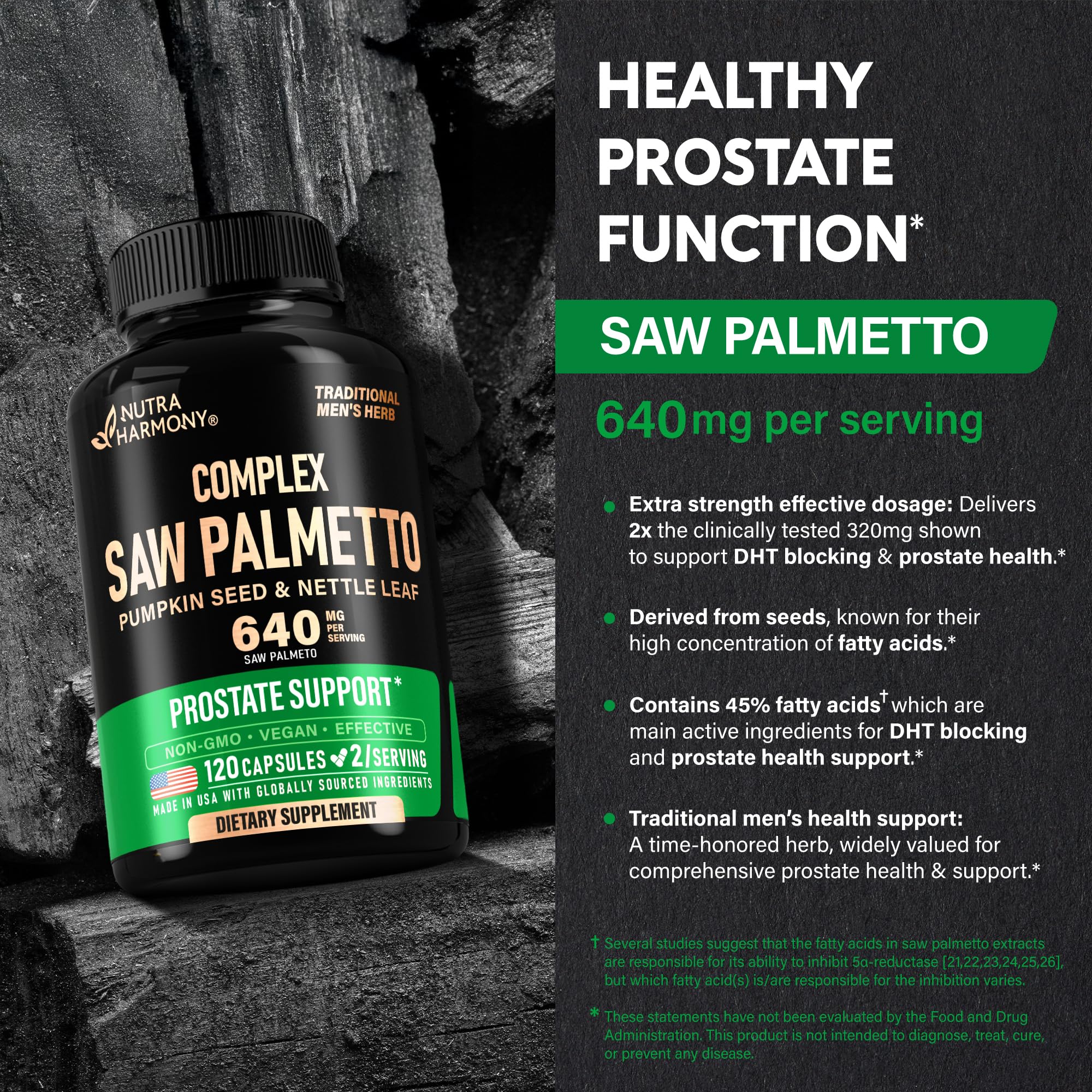 Saw Palmetto for Men 640mg - Pumpkin Seed | Nettle | Zinc & Pygeum - Prostate Health & Urinary Supplement - DHT Blocking & Hair Support - 45% Fatty Acids, Clinical Strength - Made in USA, 120 Capsules