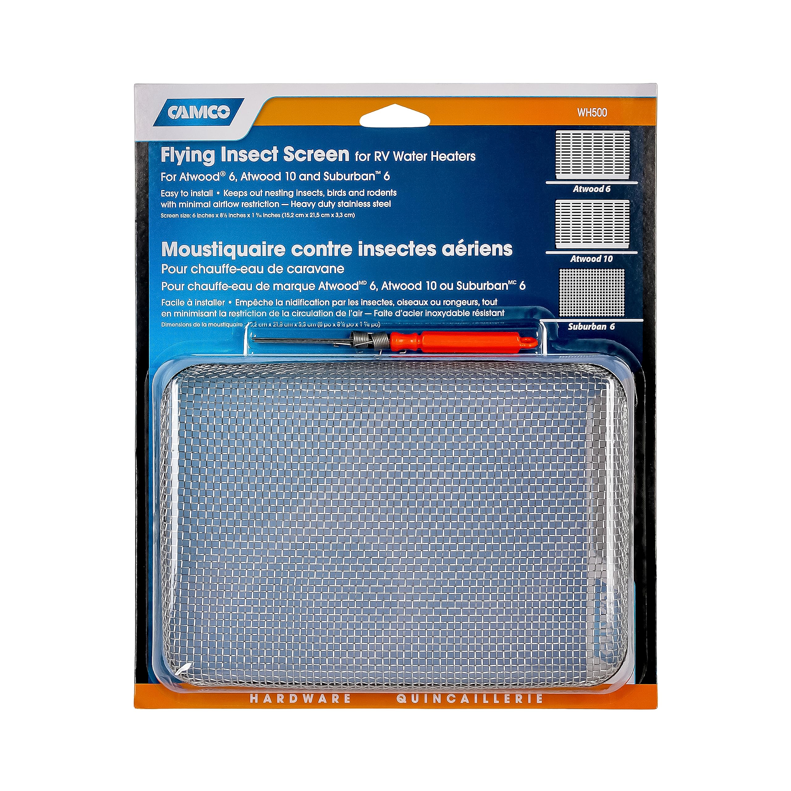 Camco Flying Insect Screen- Protects the Water Heater Vents from Flying Insect Nests, Stainless Steel Mesh, WH 500 -(42145),6" X 8.5" X 1.3" , White