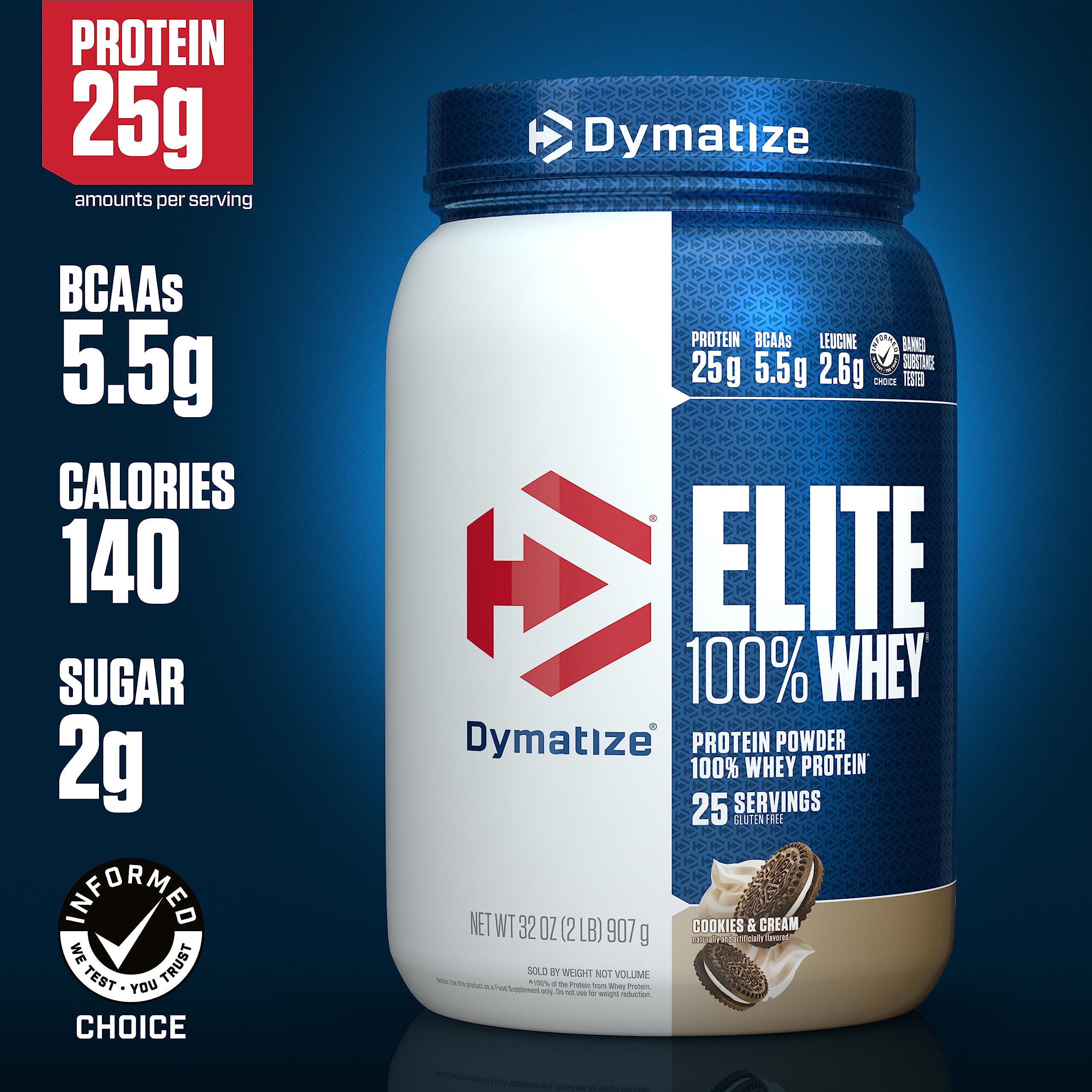 Dymatize Elite 100% Whey Protein Powder, 25g Protein, 5.5g BCAAs & 2.7g L-Leucine, Quick Absorbing & Fast Digesting for Optimal Muscle Recovery, Cookies & Cream, 2 Pound, 25 Servings