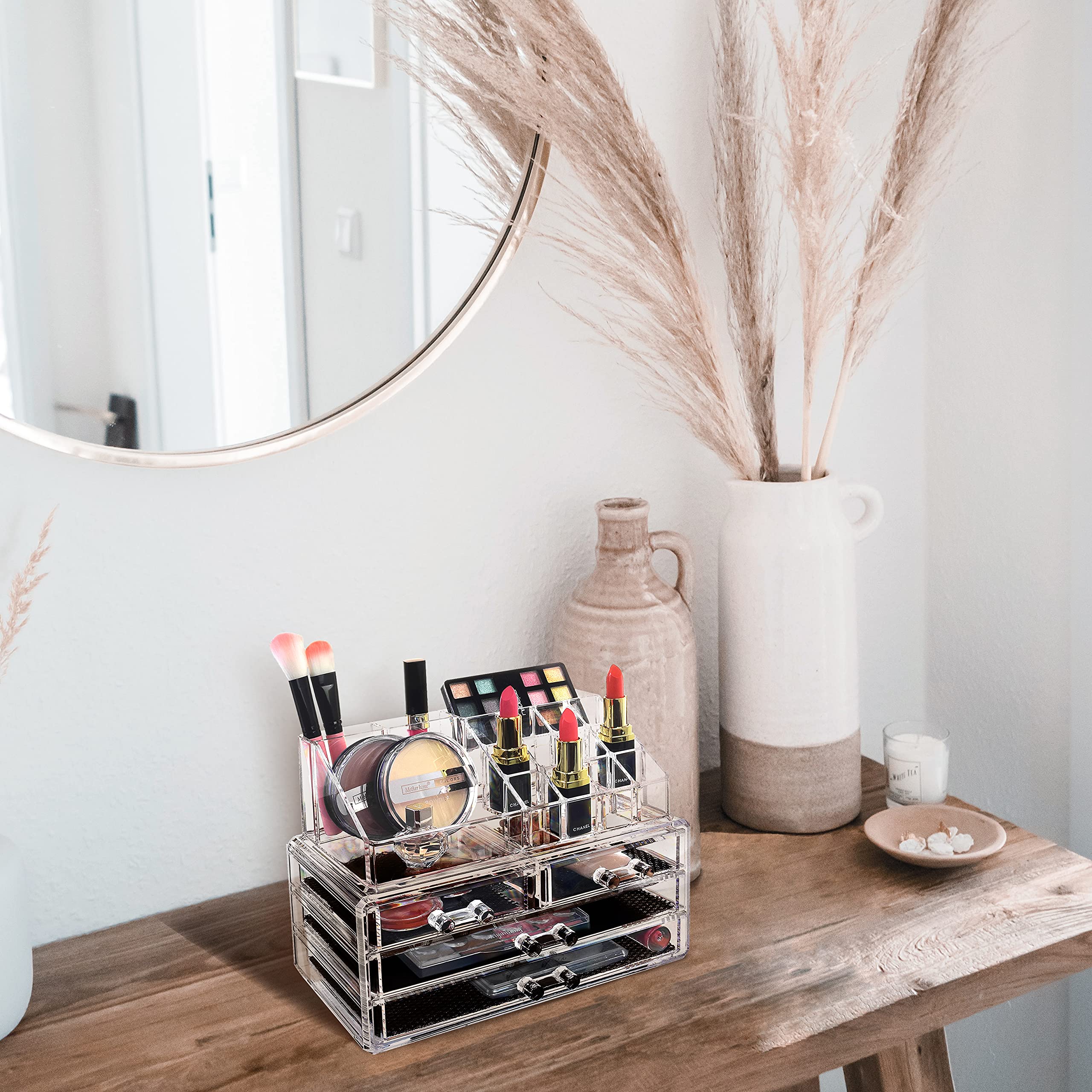 Ikee Design Acrylic Makeup Organizer with 4 Drawers and Removable Top Lipstick Holders, Ideal for Make-up or Accessories,Enhance Your Vanity or Bathroom with Clear Design for Quick Visibility