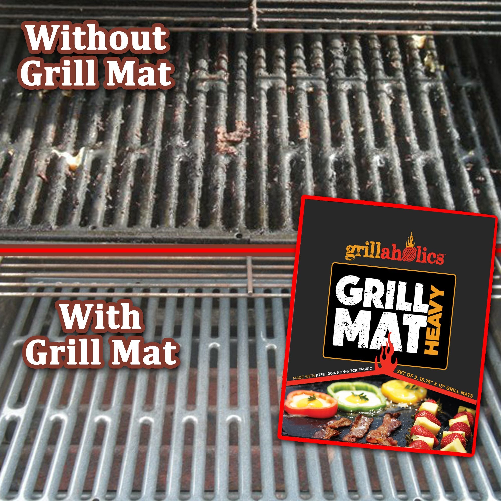 Grillaholics BBQ Grill Mat Heavy - 600 Degree Max Temperature Grilling Sheets - Set of 2 Grill Mats Non Stick - Lifetime Manufacturer Warranty