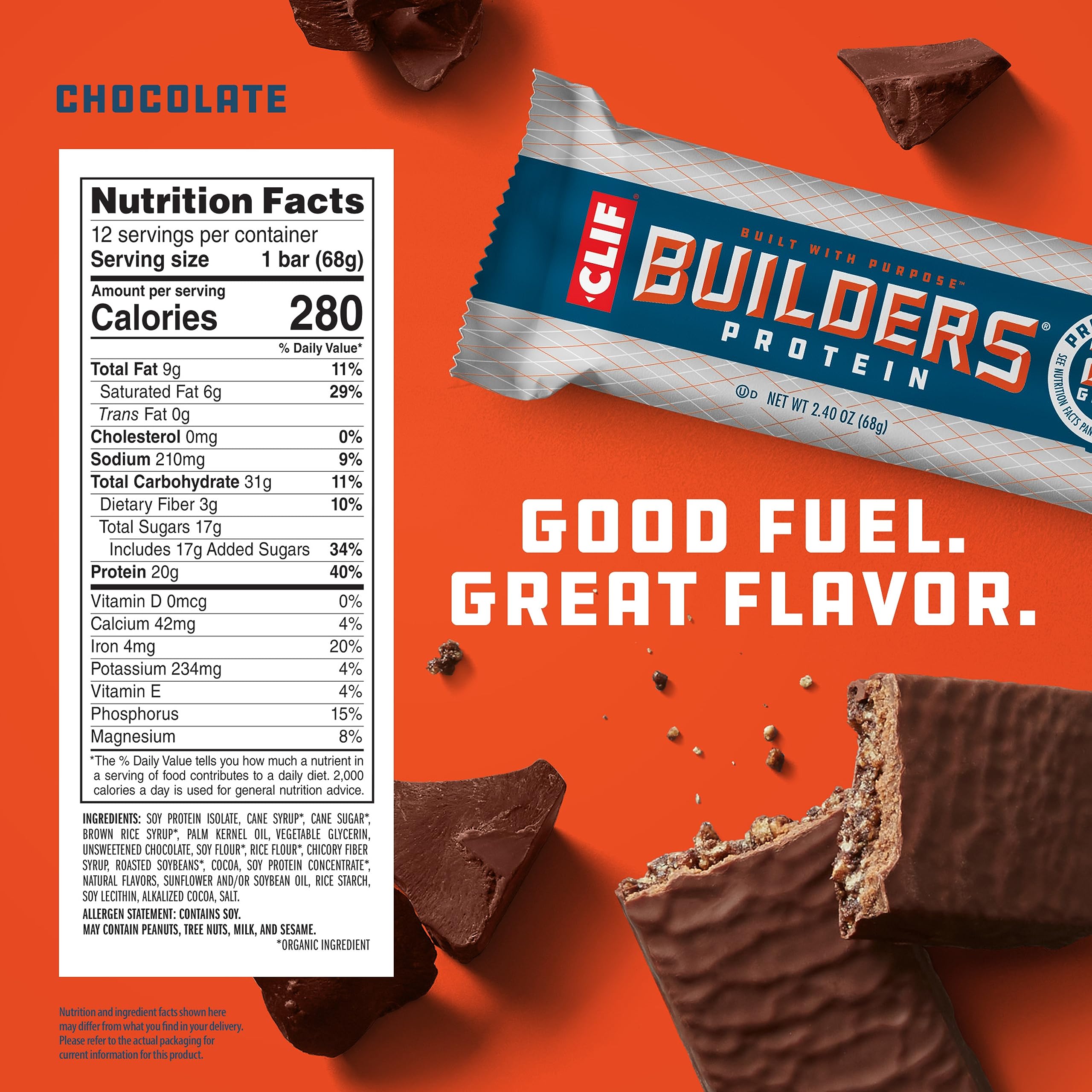 CLIF Builders - Chocolate Flavor - Protein Bars - Gluten-Free - Non-GMO - Low Glycemic - 20g Protein - 2.4 oz. (12 Count)