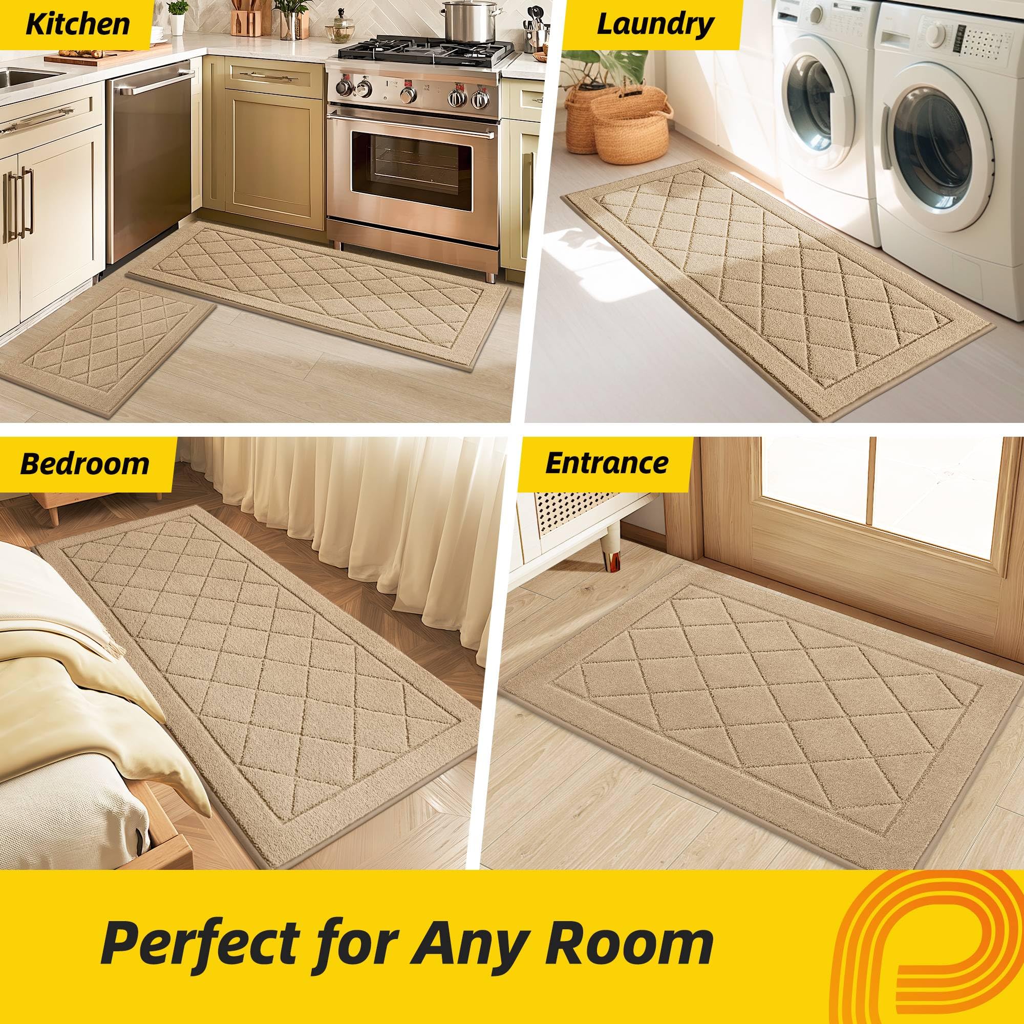 JSEI Non-Slip Kitchen Rugs, Self Adhesive No Sliding Kitchen Mats Set of 2, Soft Washable Absorbent Floor Mat for Kitchen, Bathroom, Laundry Room, Bedroom, 20”x32”+32”x48”, Beige, Diamond Pattern