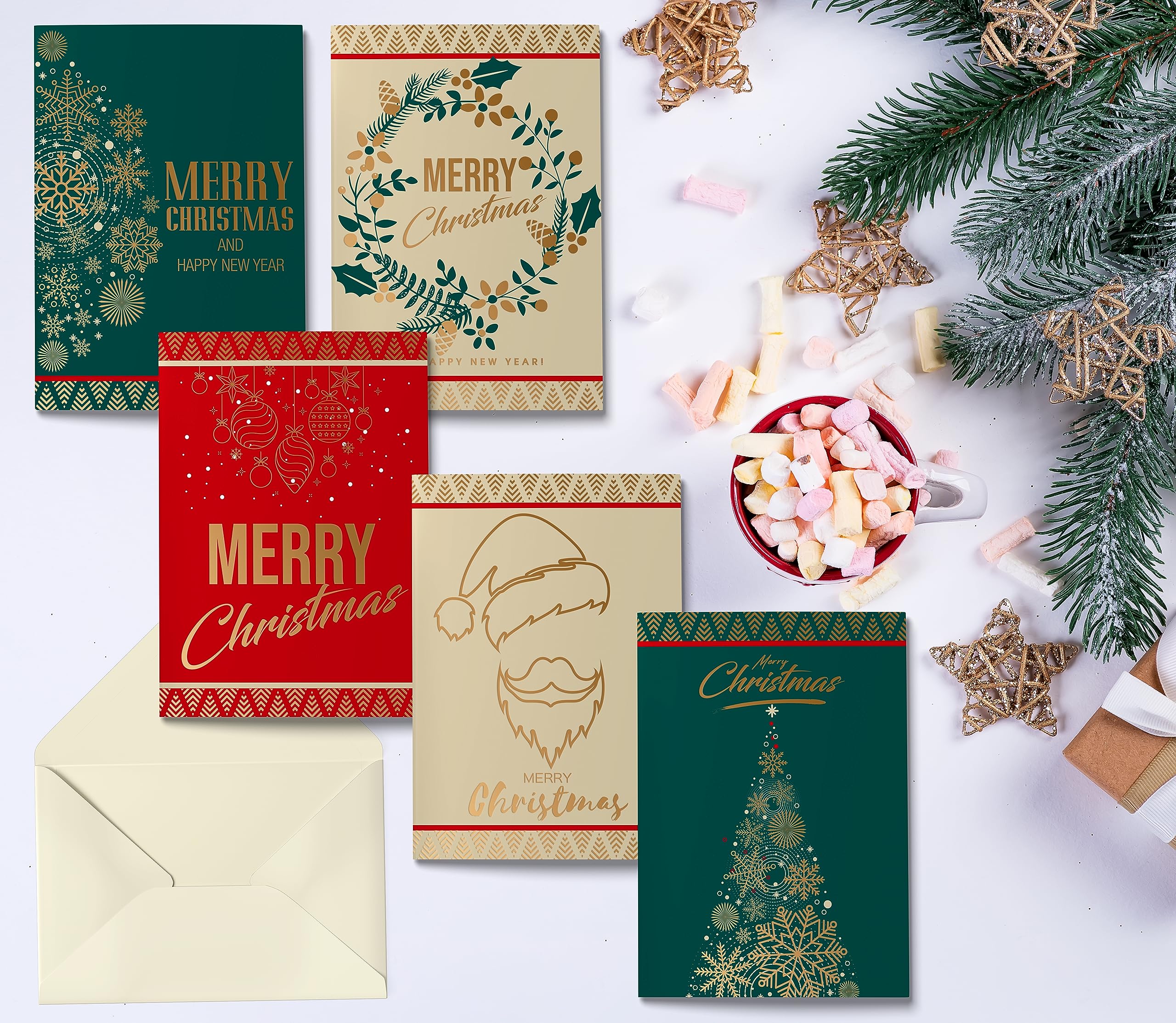 Better Office Products 50 Pack Christmas Cards with Gold Foil Iconic Images, 5" x 7", High Gloss, Gold Foil Interior Greeting, with 50 Envelopes, 50 Count Boxed Set