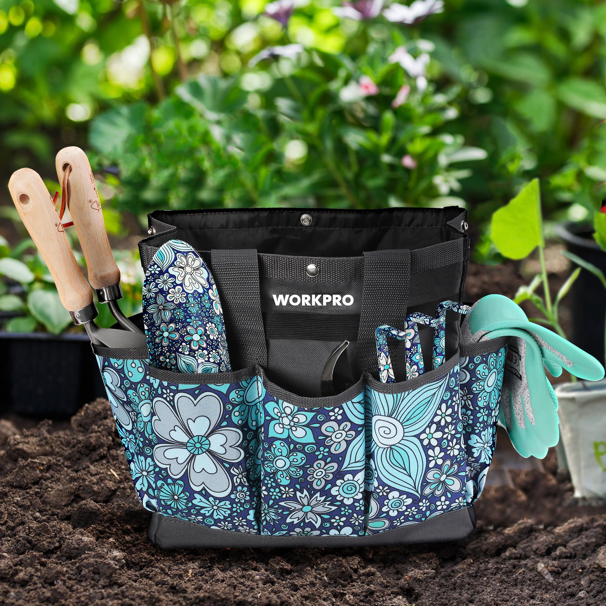 WORKPRO Garden Tool Bag, 9 Pockets Garden Tote Bag, Heavy Duty Oxford Garden Tool Storage Bag, Gardening Tool Kit Holder (Tools NOT Included), 12" x 12" x 6" (Floral Blue)