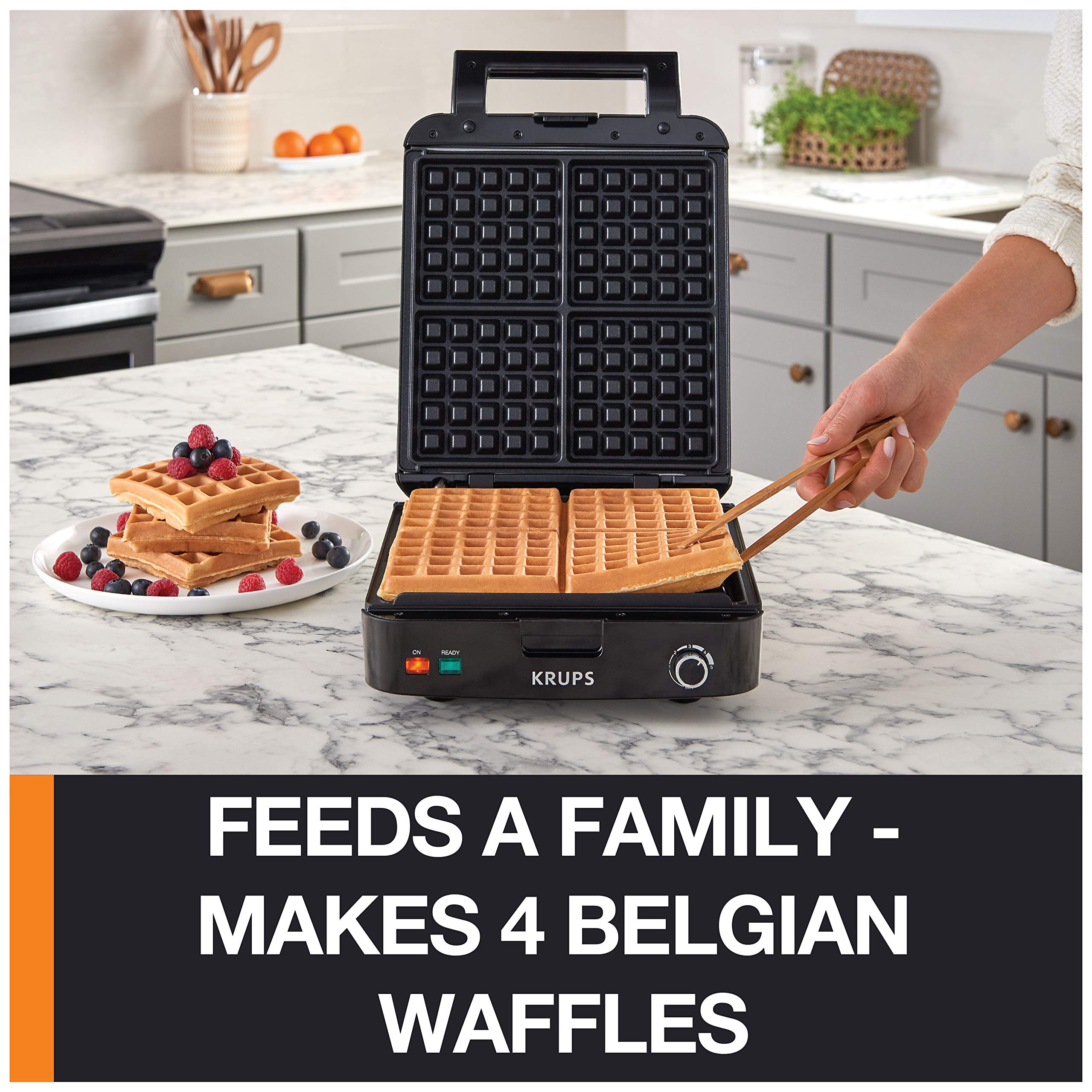 Krups Breakfast Set Stainless Steel Waffle Maker 4 Slices Audible "Ready" Beep, 1200 Watts Square, 5 Browning Levels, Removable Plates, Dishwasher Safe, Belgian Waffle Silver and Black