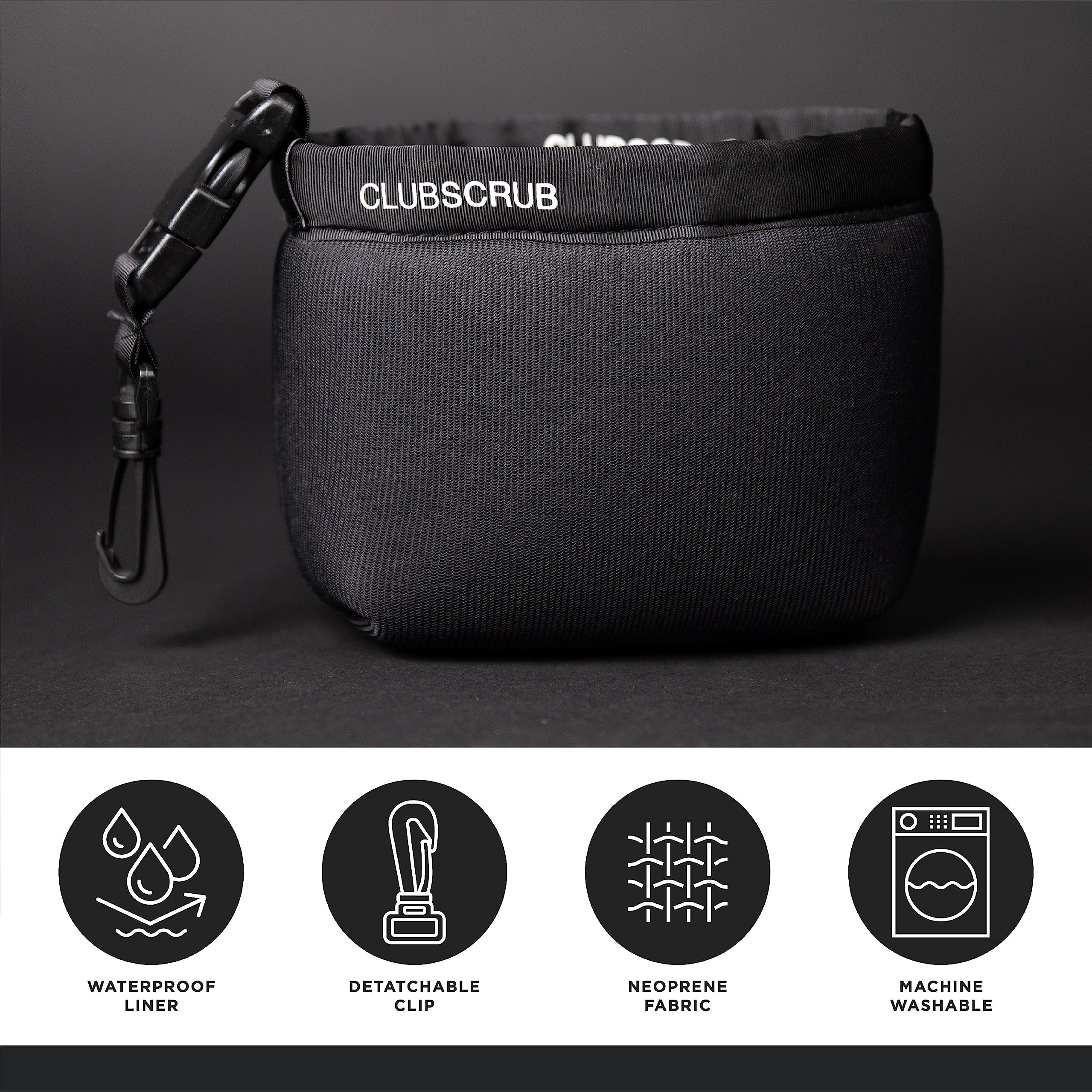 Club Scrub Golf Club and Golf Ball Cleaning Bag, Waterproof Clean Face Technology Liner, Perfectly Dry Neoprene Exterior, Detachable Clip, Machine Washable, Cleans Club Grooves, Black