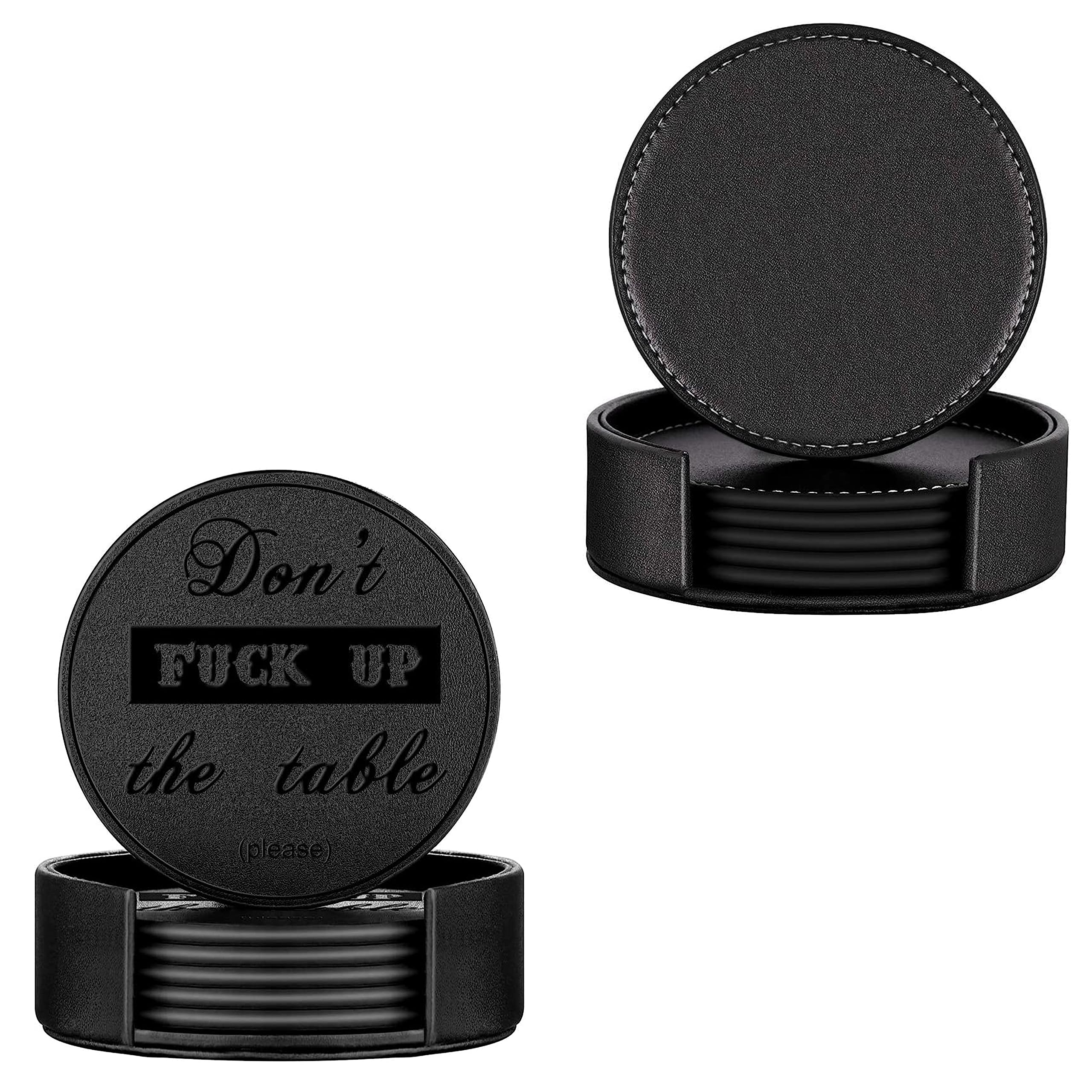 Coasters for Drinks, Thipoten Leather Coasters with Holder, Protect Furniture from Damage(6PCS, Black)
