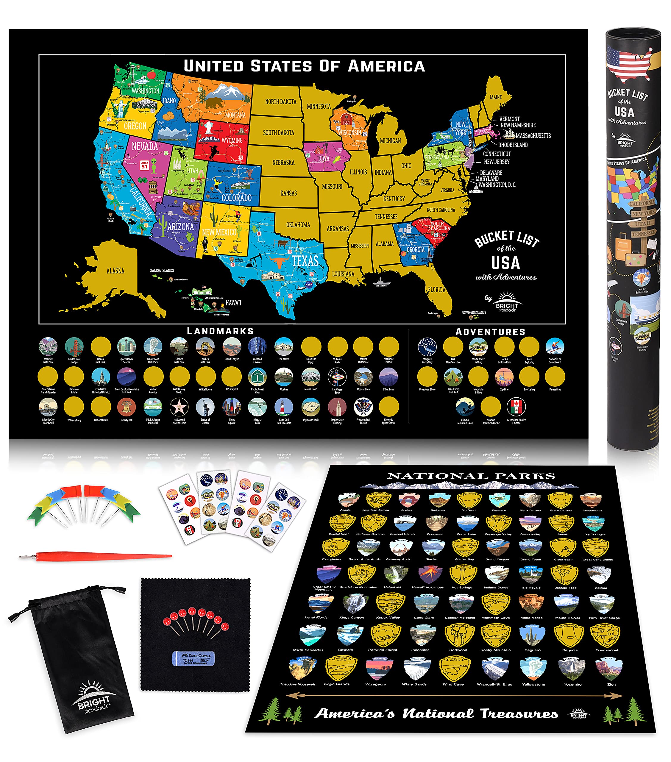 Bright Standards Scratch Off Map of United States + All 63 US National Parks Scratch Off Poster, 85 USA Landmarks, Travel Map Kit, 50 State Photo Wall Adventure Maps, Journal Gifts for Travelers