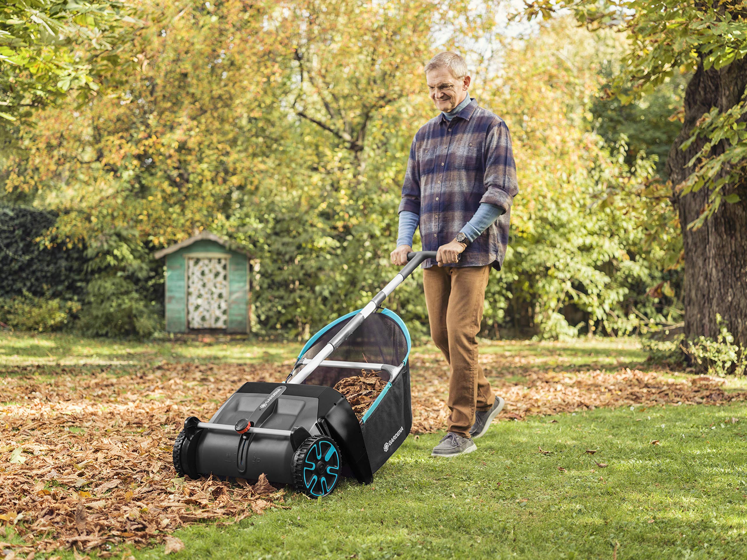 Gardena (03565-20) Lawn and Leaf Collector, Durable and Easy to Manuever Push Lawn and Leaf Sweeper with Large Capacity 3.2 cu. ft. Mesh Collection Hopper Bag, 5 Year Warranty