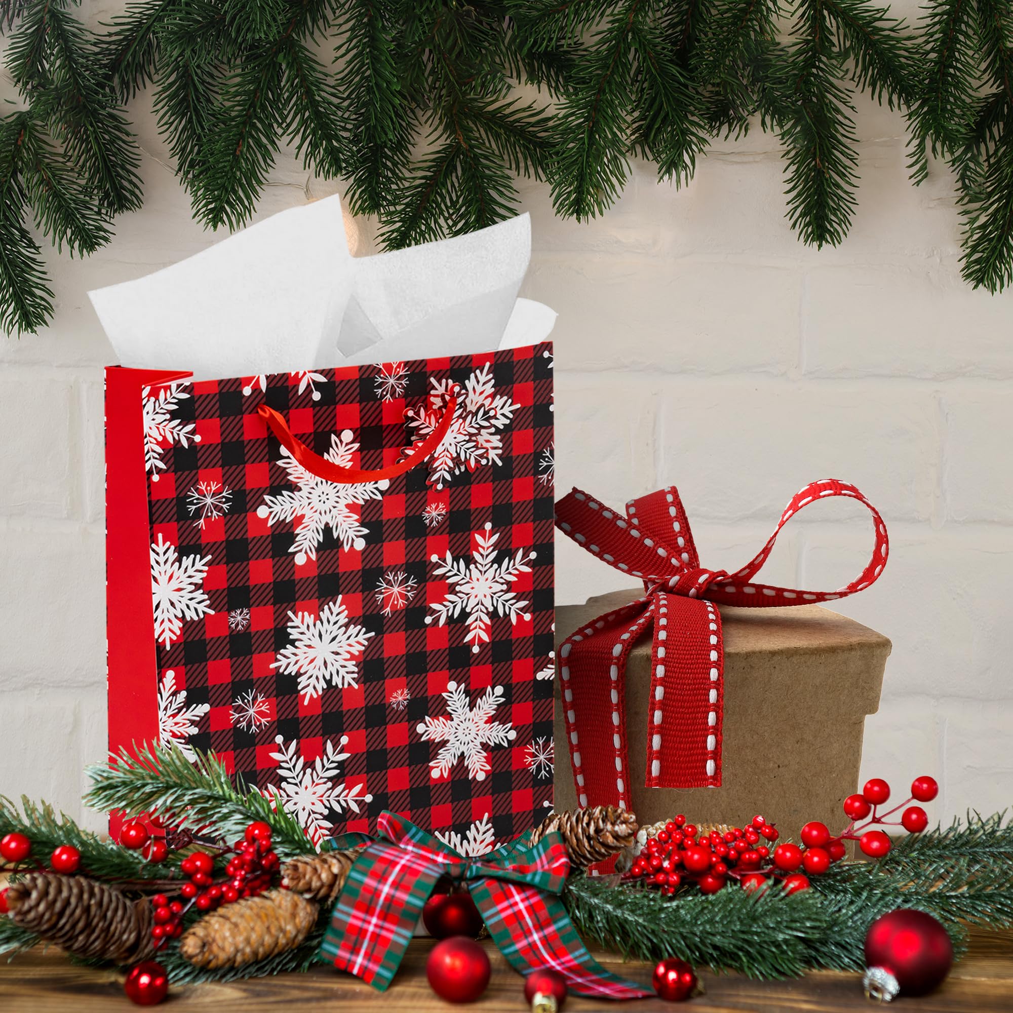 RACHELLE'S Plaid Christmas Gift Bags (Medium, 13"x10"x4") - 2 Pack Sturdy Paper Gift Bags with Tissue Paper, Tag and Handle - Ideal Party Favors and Gifting this Christmas Holiday Season