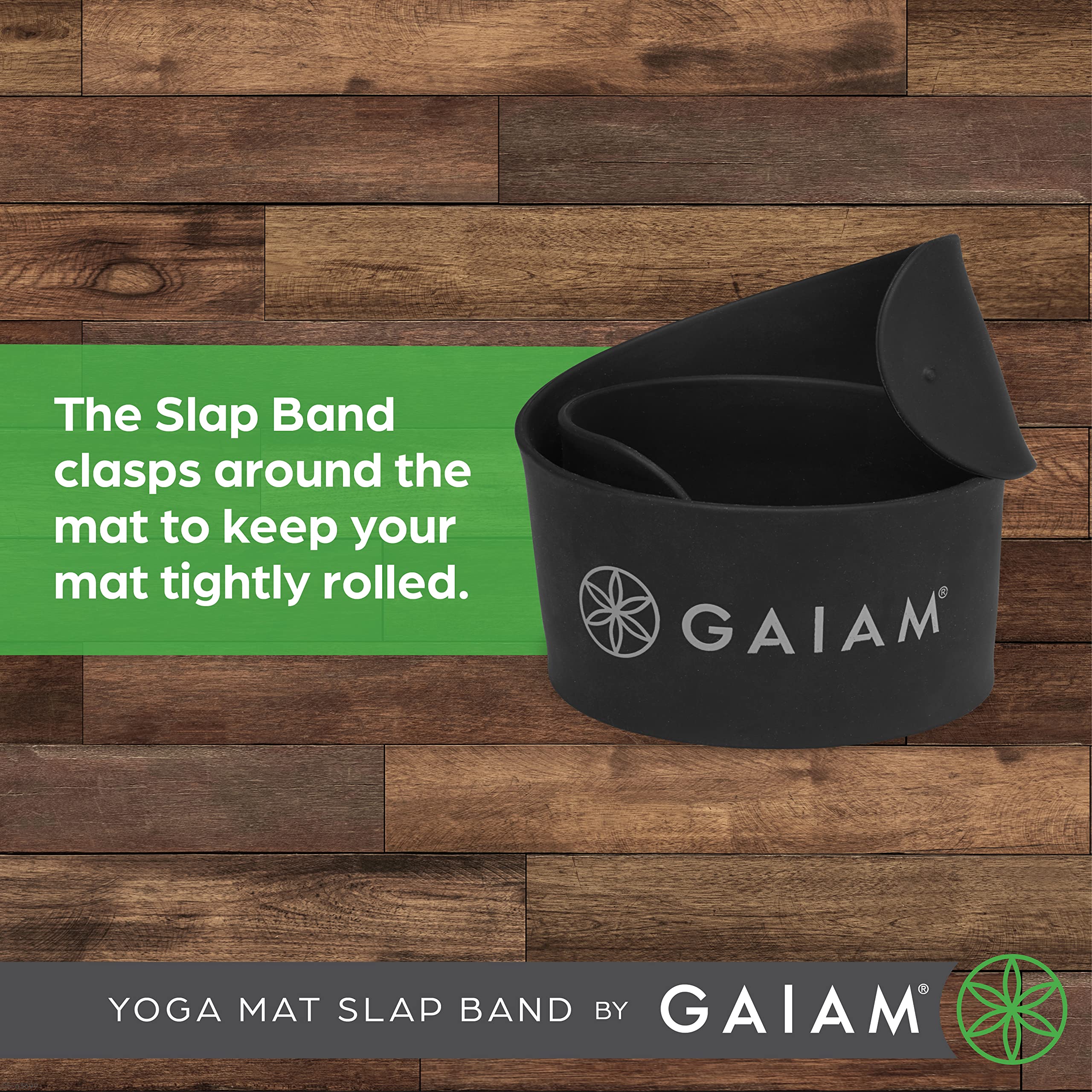 Gaiam Yoga Mat Strap Slap Band - Keeps Your Mat Tightly Rolled and Secure with One Snap - Strong Clasp for Yoga Mat Storage and Travel - Fits Most Size Mats (20"L x 1.5"W), Black