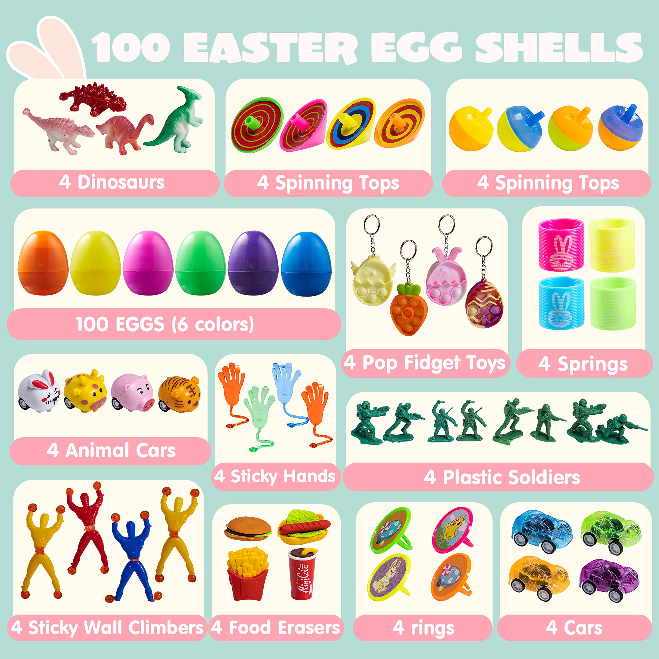 JOYIN 100 PCS Prefilled Easter Eggs with Assorted Toys Plus Stickers Inside, Plastic Eggs for Kids Hunt, Basket Stuffers Fillers, Party Favors, Classroom Prize Supplies
