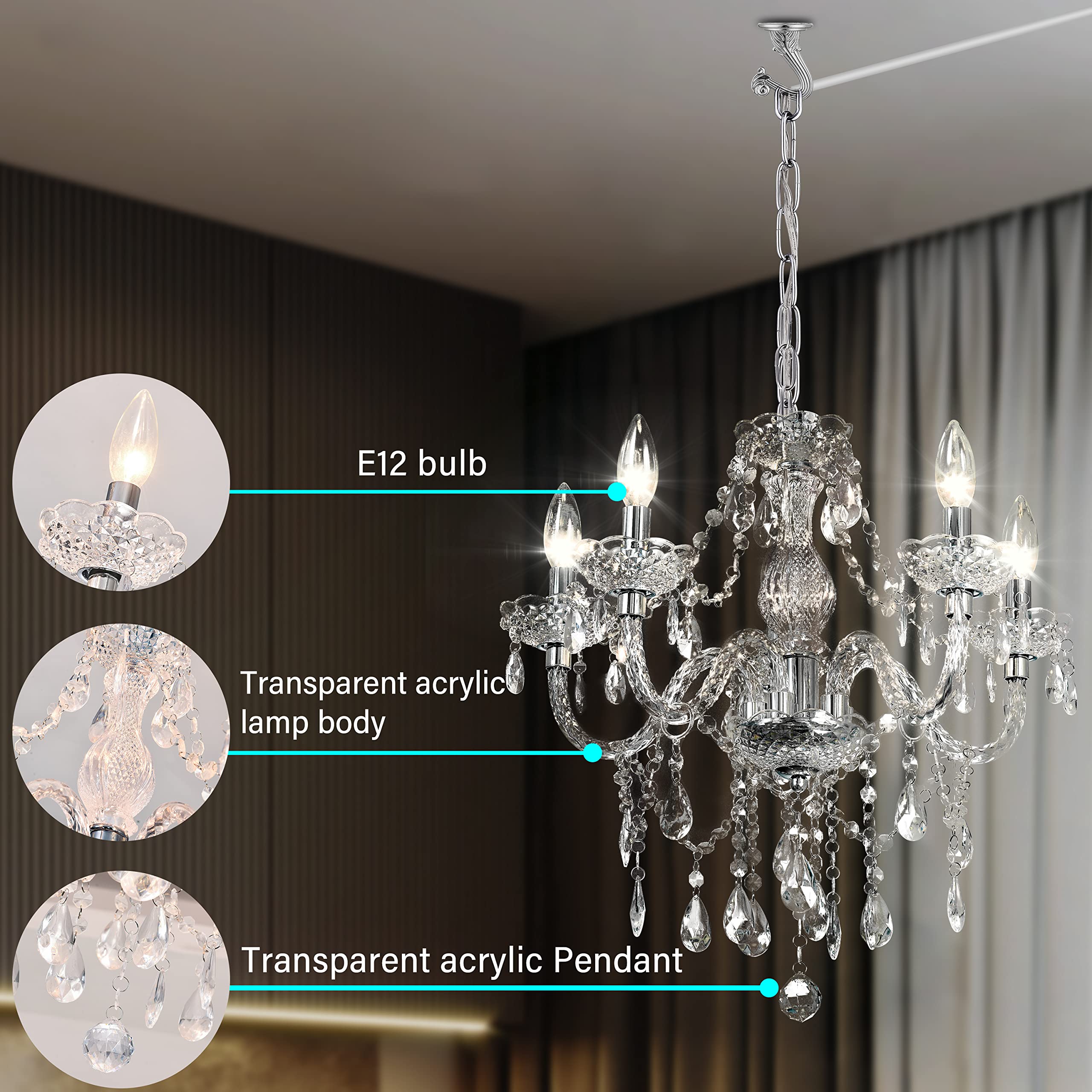 Plug-in 5 Light Crystal Hanging Pendant Lights Acrylic Chandelier with Clear Cord & On/Off Switch H19 D19.7 for Kitchen Island Girls' Room Dining Area Laundry Pavilion.