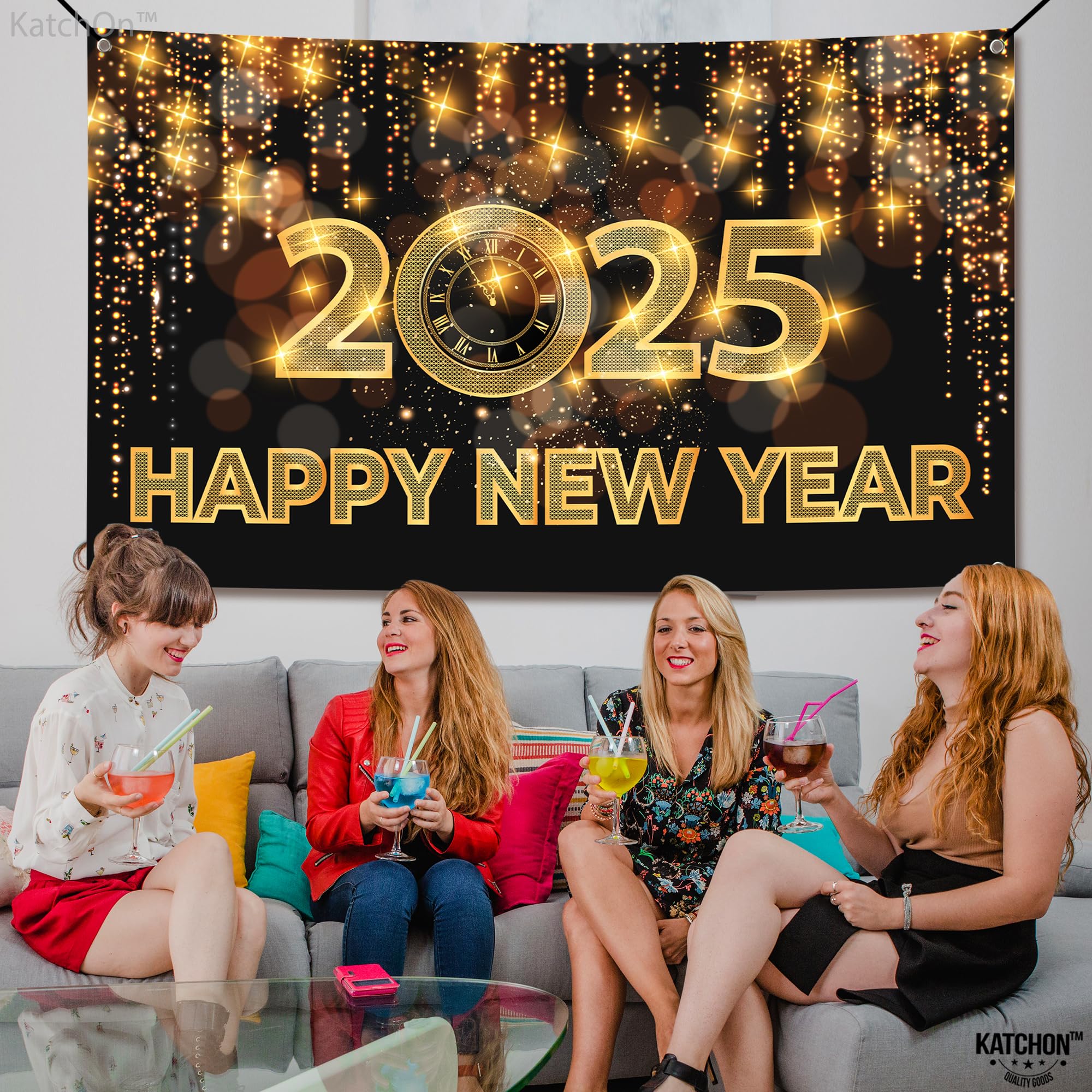 KatchOn, Happy New Year Banner 2025 - Huge 72x44 Inch | New Years Backdrop 2025, Happy New Year Decorations 2025 | New Years Eve Backdrop, New Years Eve Party Supplies 2025 | New Years Eve Decorations