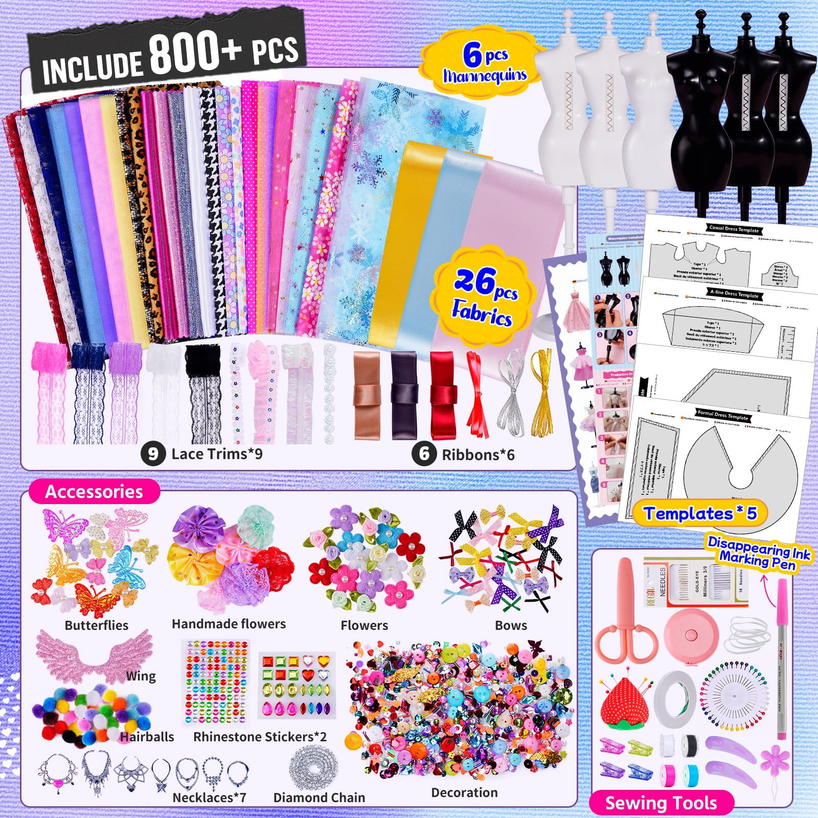 ONE TO FOUR 800+Pcs - Fashion Designer Kit for Girls with 6 Mannequins - Arts and Crafts Kit- Sewing Kit for Kid Ages 8-12 -Girls Gift Age 6 7 8 9 10 11 12-Christmas Gifts for Teen Girls