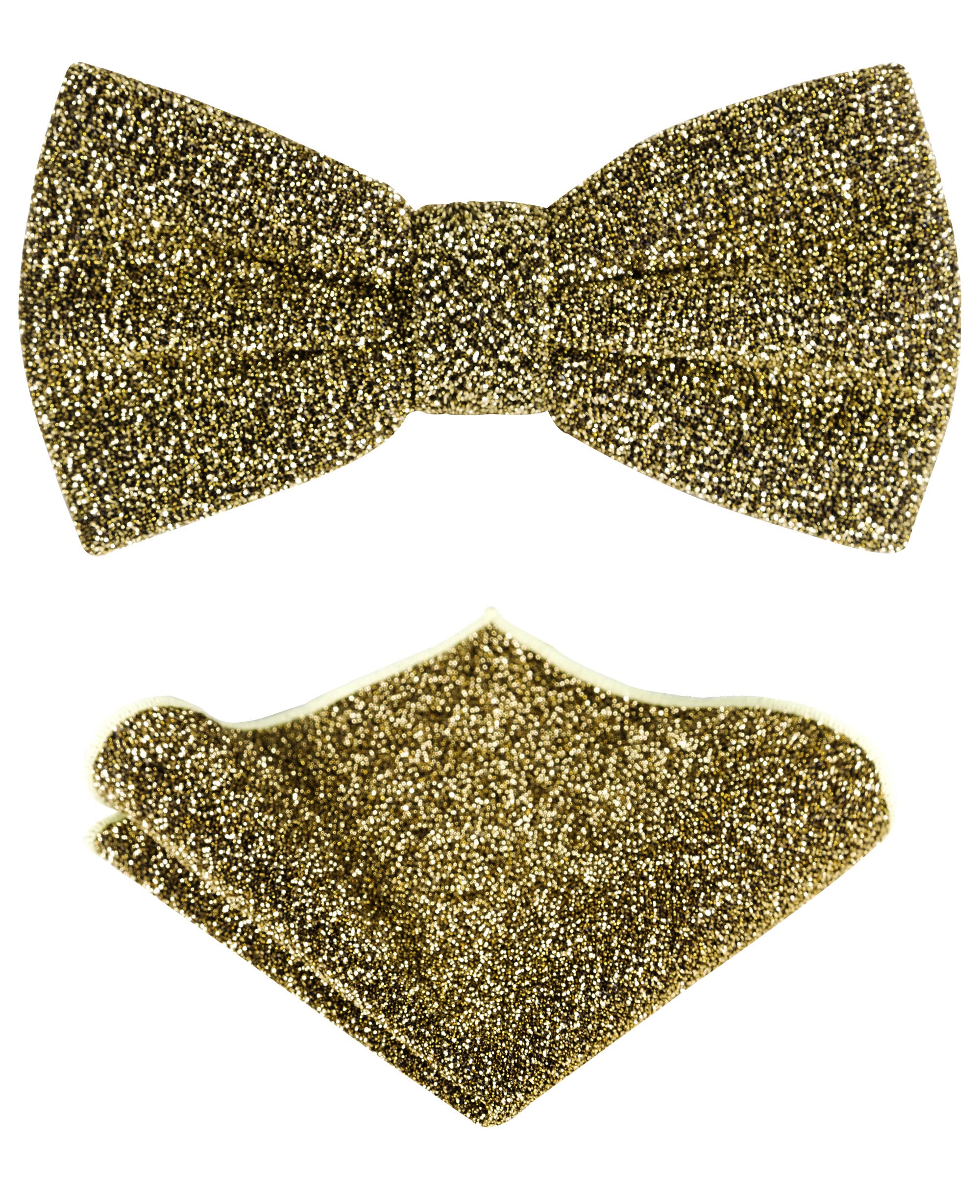 TIE G Men's Glitter Velvet Bow Tie + Pocket Square Set in Gift Box for Wedding, Party : Glittering Effects, Unisex Design (Twinkling Gold)