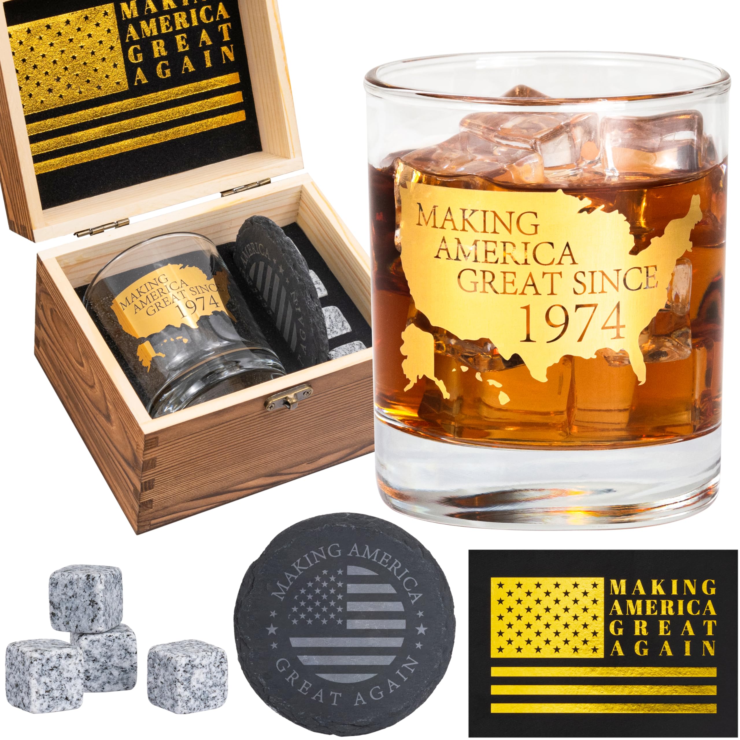 Crisky 50th Birthday Bourbon Whiskey Glass & Stones 50th Birthday Gift for Men Making XX Great Since 1974 Includes One Crystal Whisky Glass, 4 Chilling Stones, 1 Slate Coaster in Luxury Wooden Box