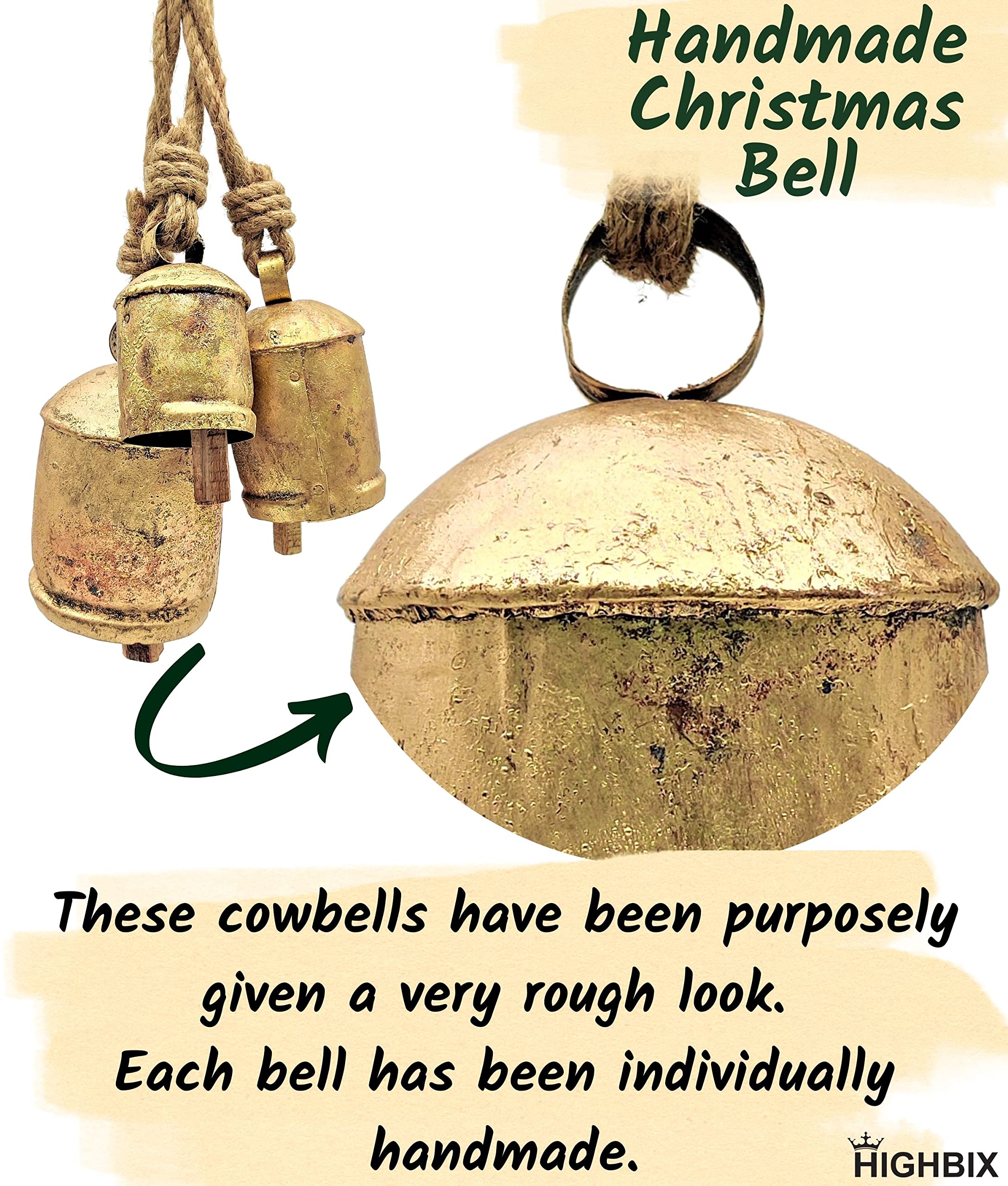 HIGHBIX Set of 3 Harmony Cow Bells Vintage Handmade Rustic Lucky Christmas Hanging Bells On Rope