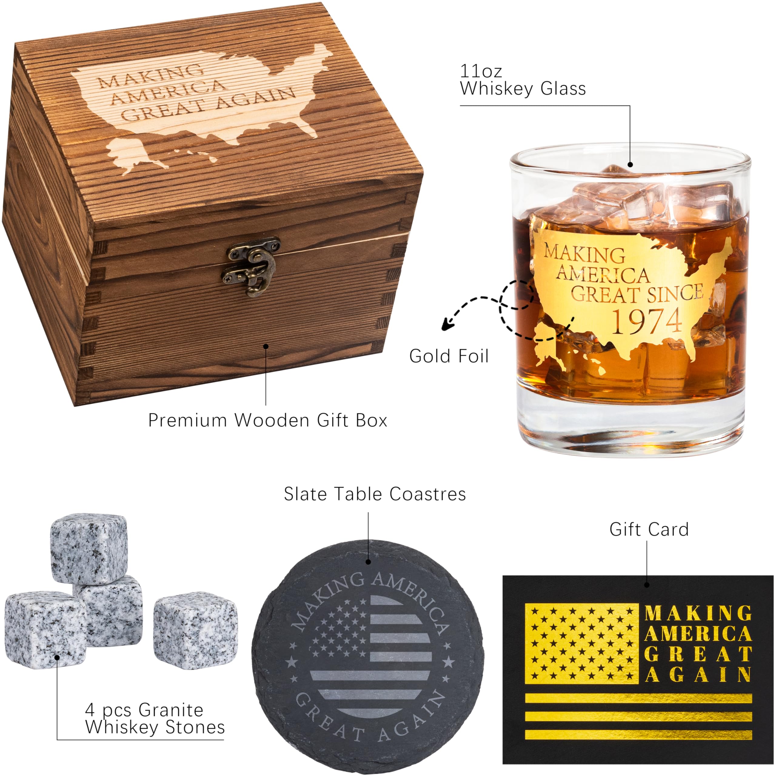 Crisky 50th Birthday Bourbon Whiskey Glass & Stones 50th Birthday Gift for Men Making XX Great Since 1974 Includes One Crystal Whisky Glass, 4 Chilling Stones, 1 Slate Coaster in Luxury Wooden Box