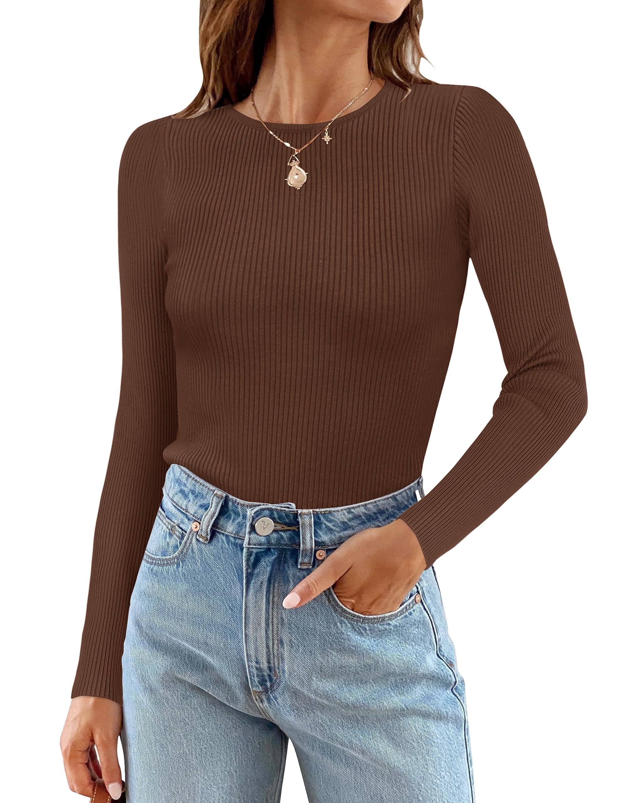 ZESICA Women's Long Sleeve Crewneck Shirts Spring Knit Sweater Slim Fitted Casual Basic Tee Tops,Coffee,Small