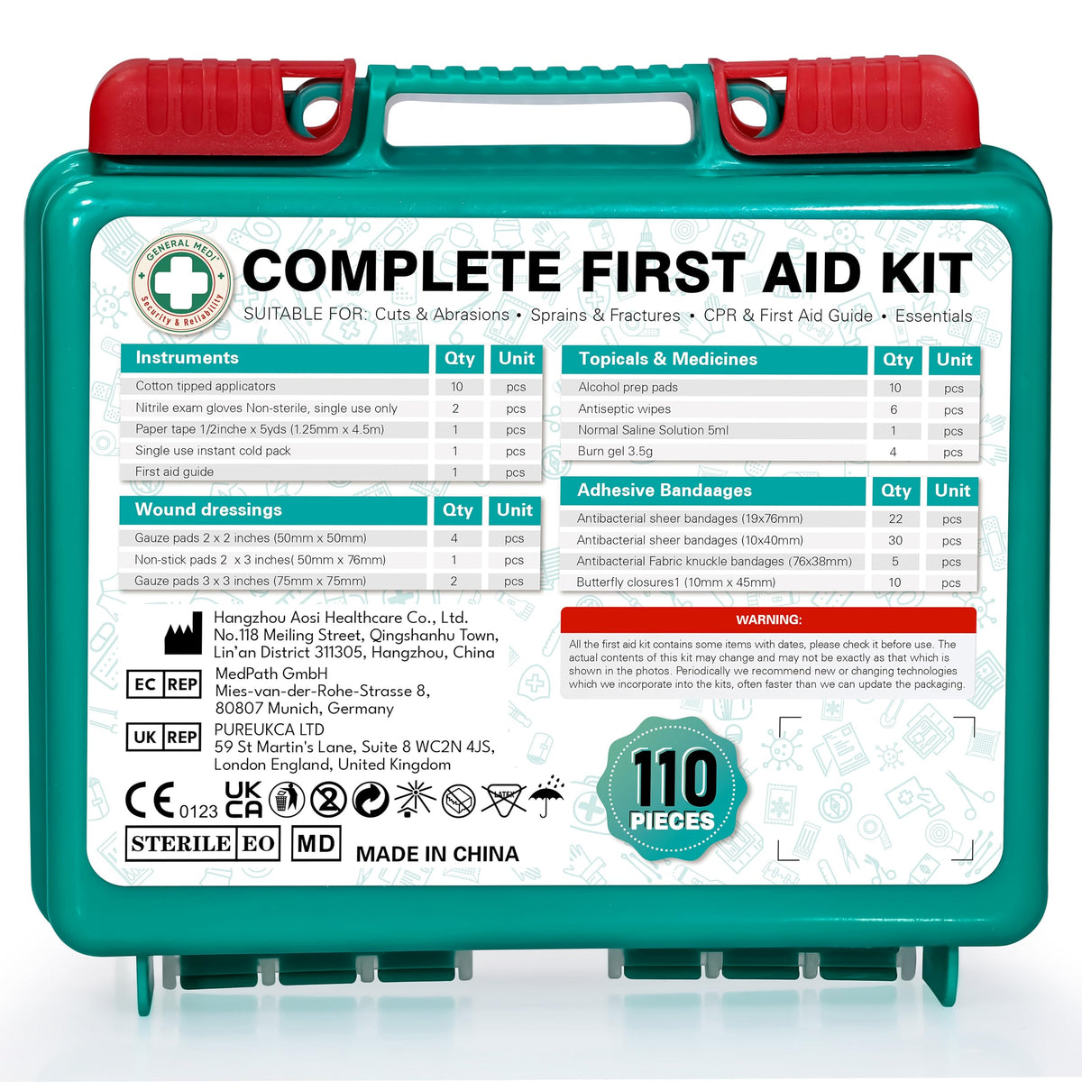 General Medi 110 Pieces Small First Aid Kit - HardCase First Aid Box - Contains Premium Medical Supplies for Travel, Home, Office, Vehicle, Camping, Workplace & Outdoor