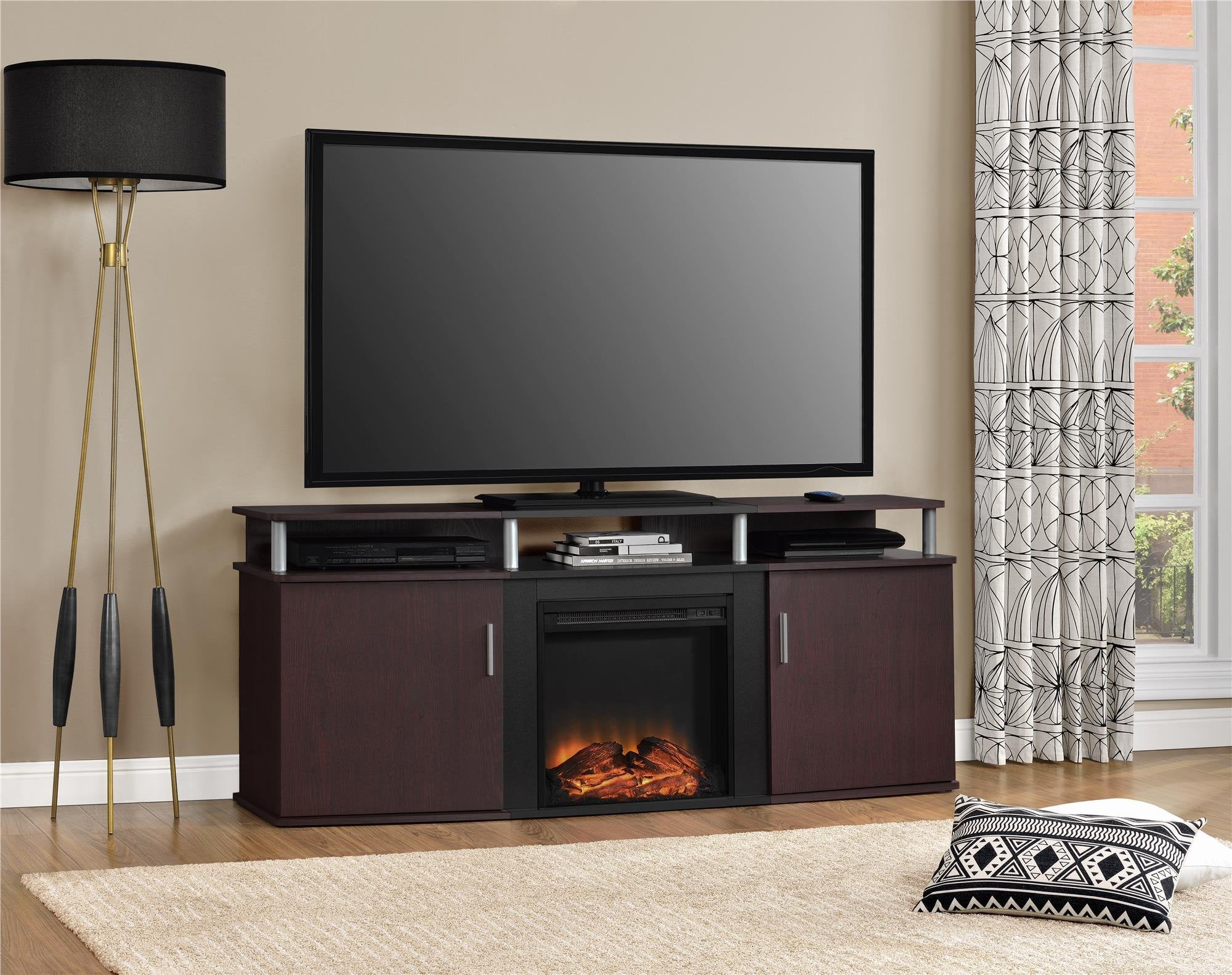Ameriwood Home Carson Fireplace TV Stand for TVs up to 70 Inch, Replaceable Electric Fireplace Insert Heater, Realistic Log and Flame Effect, for Living Room or Bedroom, Cherry