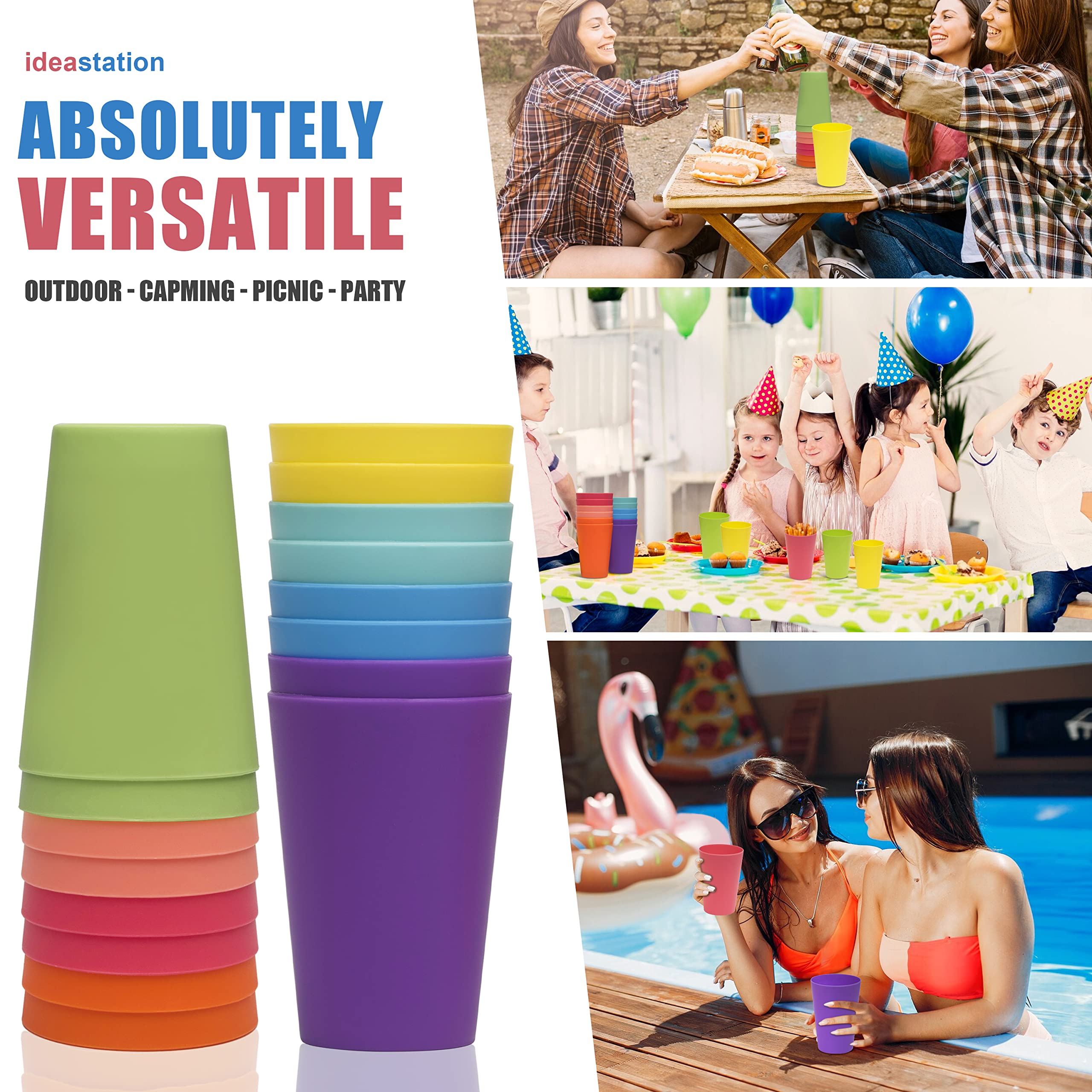Klickpick Home - Set of 16 Kids Plastic Cups - 12 Ounce Children Drinking Cups Tumblers Reusable - Dishwasher Safe - BPA-Free Cups for Kids & Toddlers Bright Colored Unbreakable Kids And Toddler Cups