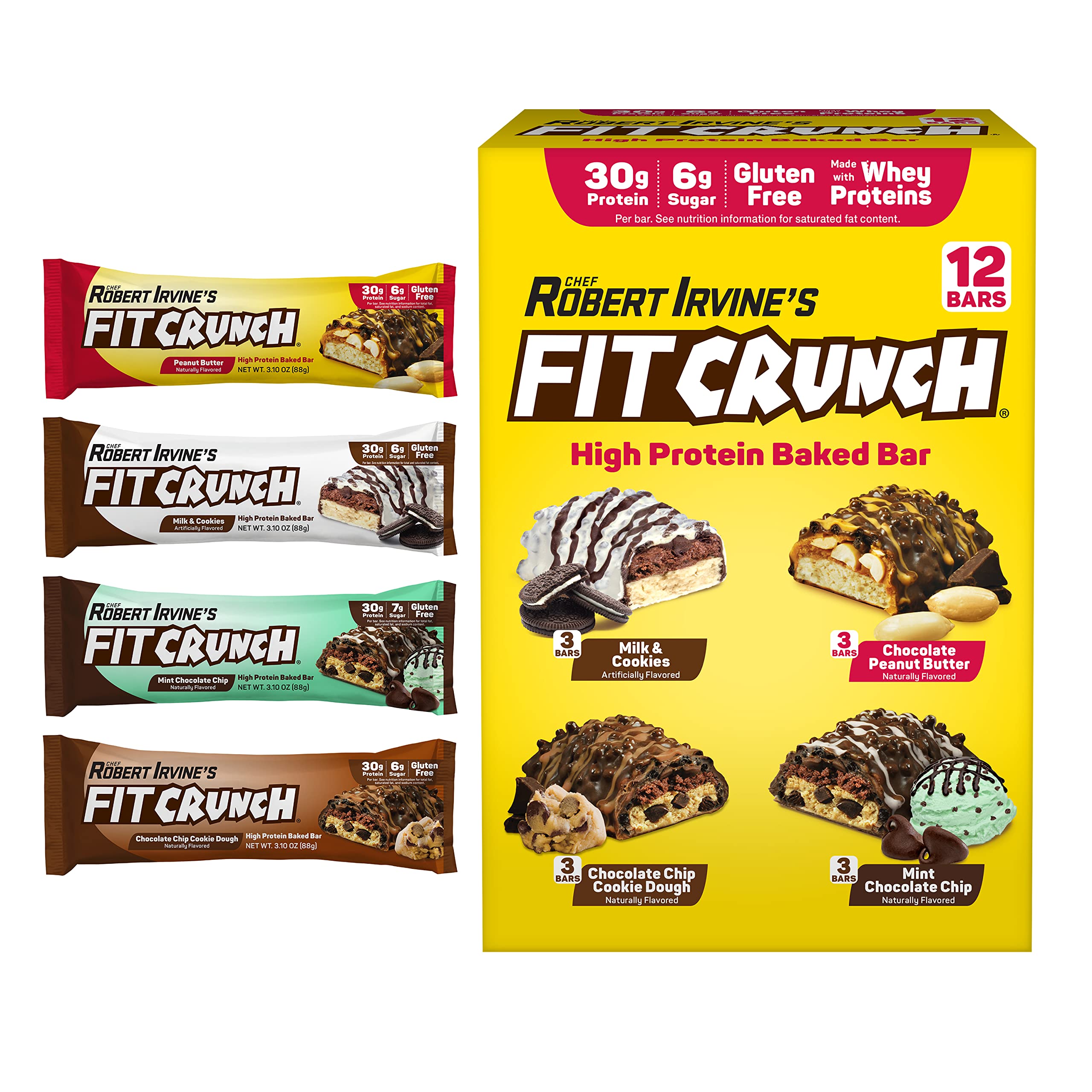 FITCRUNCH Full Size Protein Bars, 6-Layer Baked Bar, 6g of Sugar, Gluten Free & Soft Cake Core (12 Bars, Variety Pack)