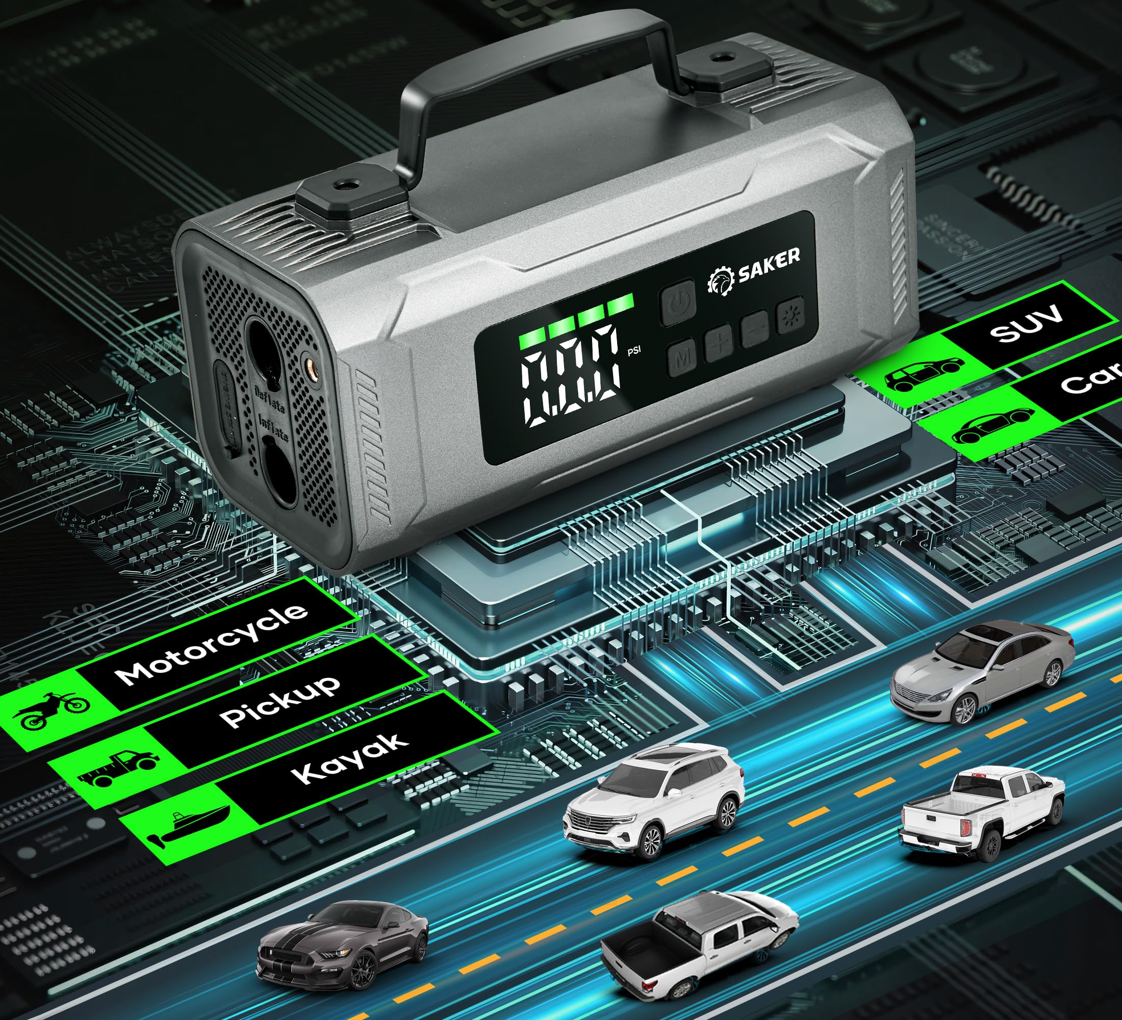 Saker Jump Starters - Tire Inflator Portable Air Compressor|Car Battery Charger|1500A Jump Starter Battery Pack|10400mah Portable 15V Jump Box with LED Light|Automotive Emergency Kits for Vehicles