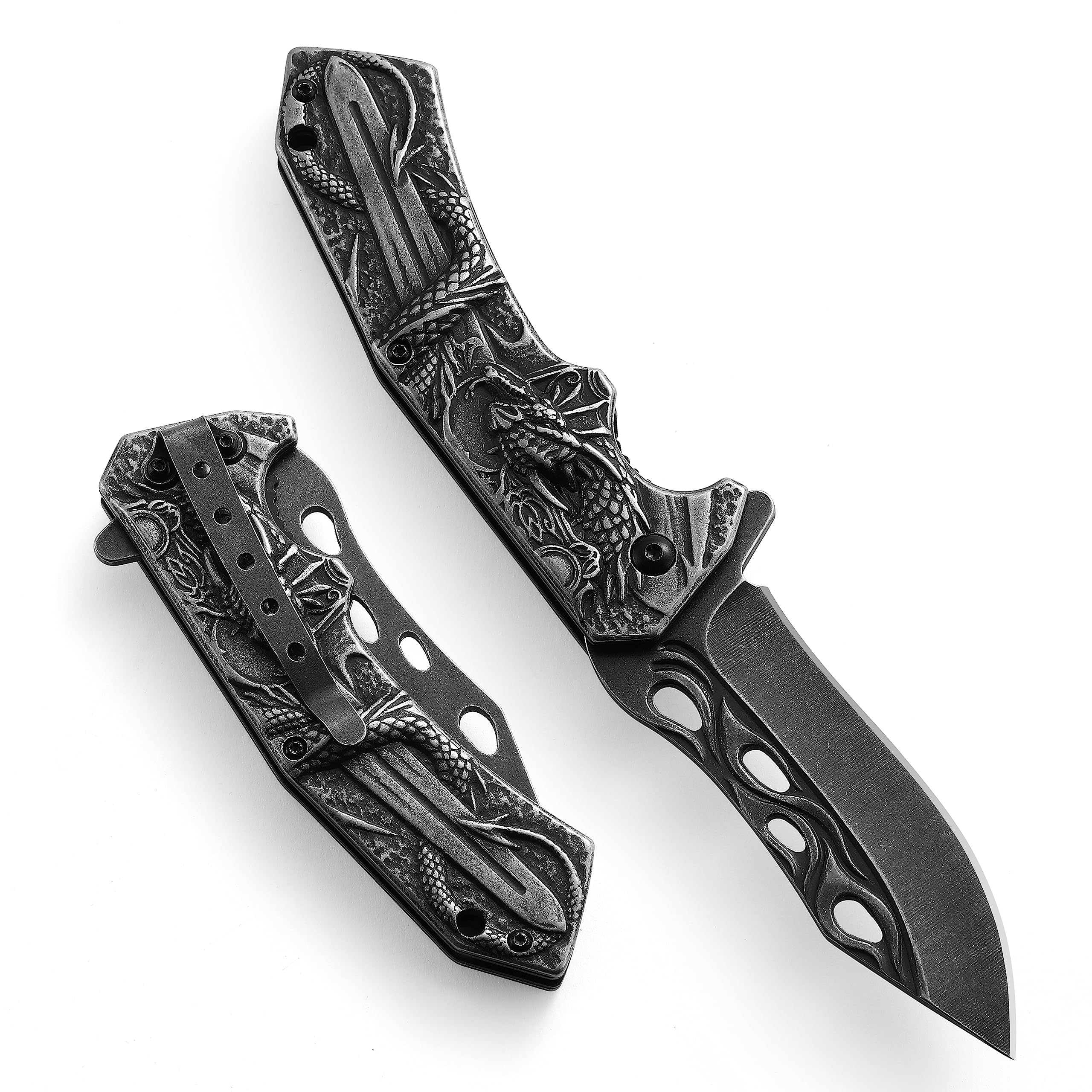 ohmonlyhoo Pocket Knife,3.5 inch Folding Knife with Dragon Pattern Handle,EDC Knife with Pocket Clip for Men and Women