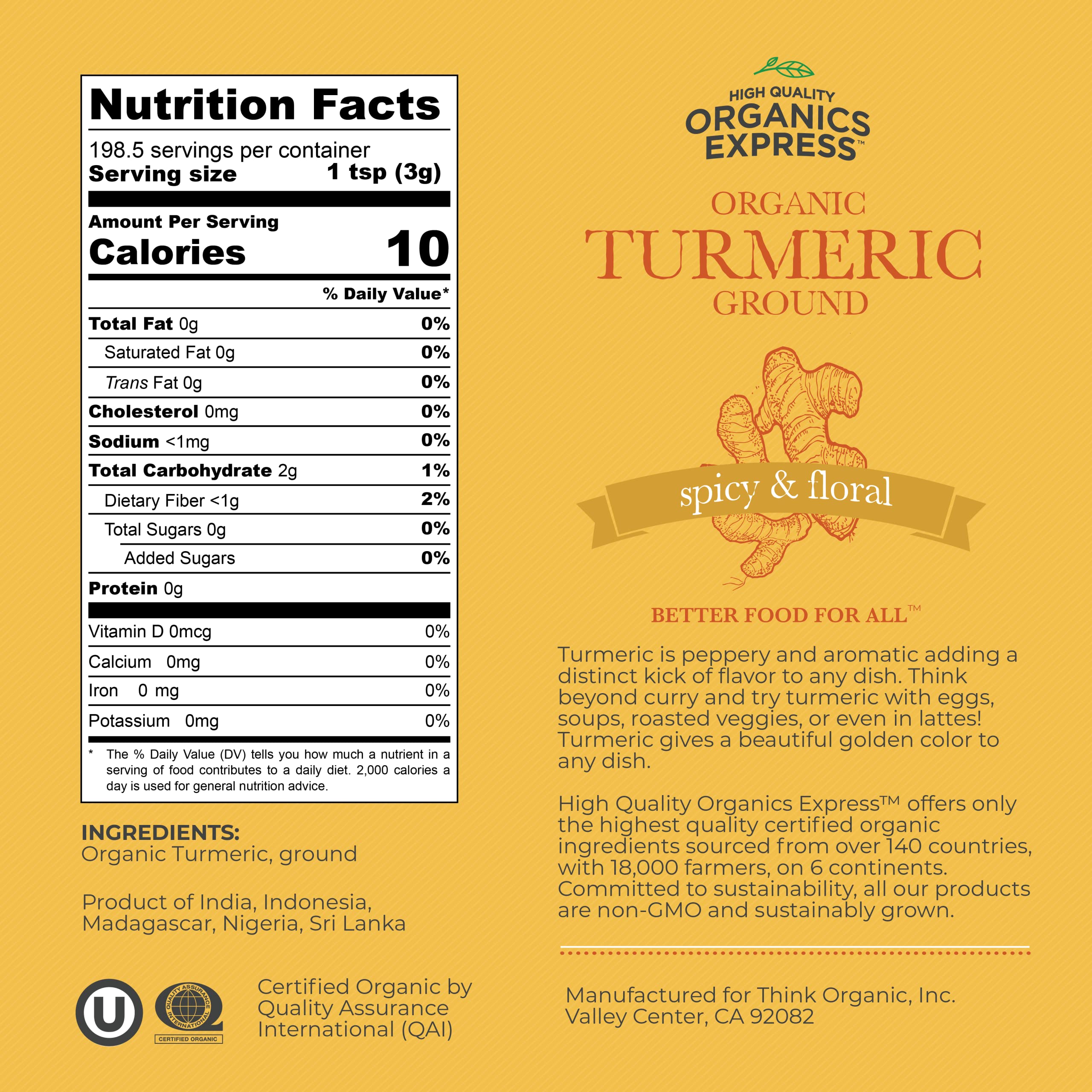 HQOExpress - USDA Certified Organic - Non GMO - Ground Turmeric Spice Powder Seasoning For Cooking - Sustainably Grown - Kosher - 21 oz. Chef Jar