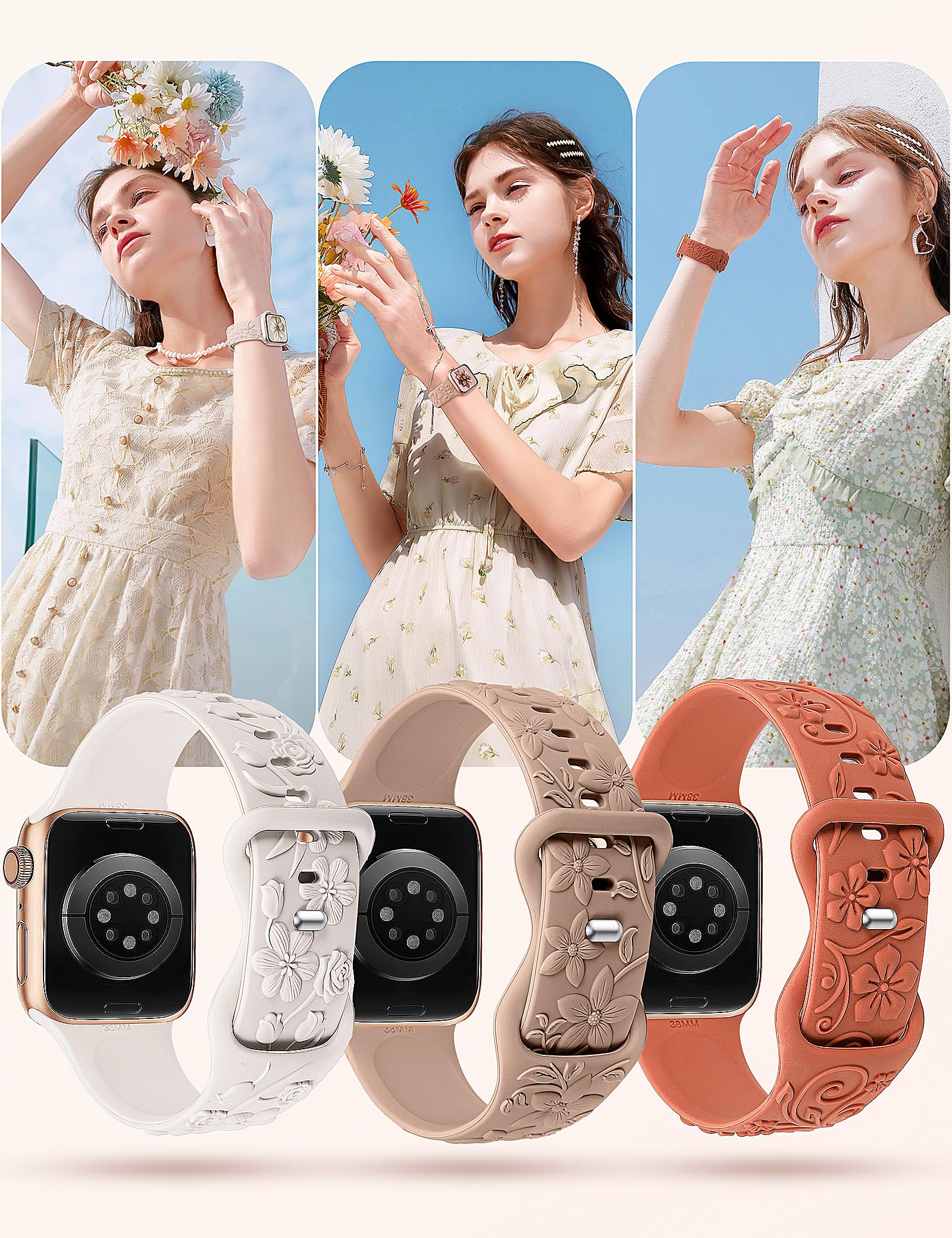 TOYOUTHS 3 Pack 3D Floral Engraved Bands Compatible with Apple Watch Bands 42mm 41mm 40mm 38mm Women, Soft Silicone Embossed Cute Flower Dressy Fancy Straps for iWatch Series 10/9/SE/8/7/6/5/4/3/2/1