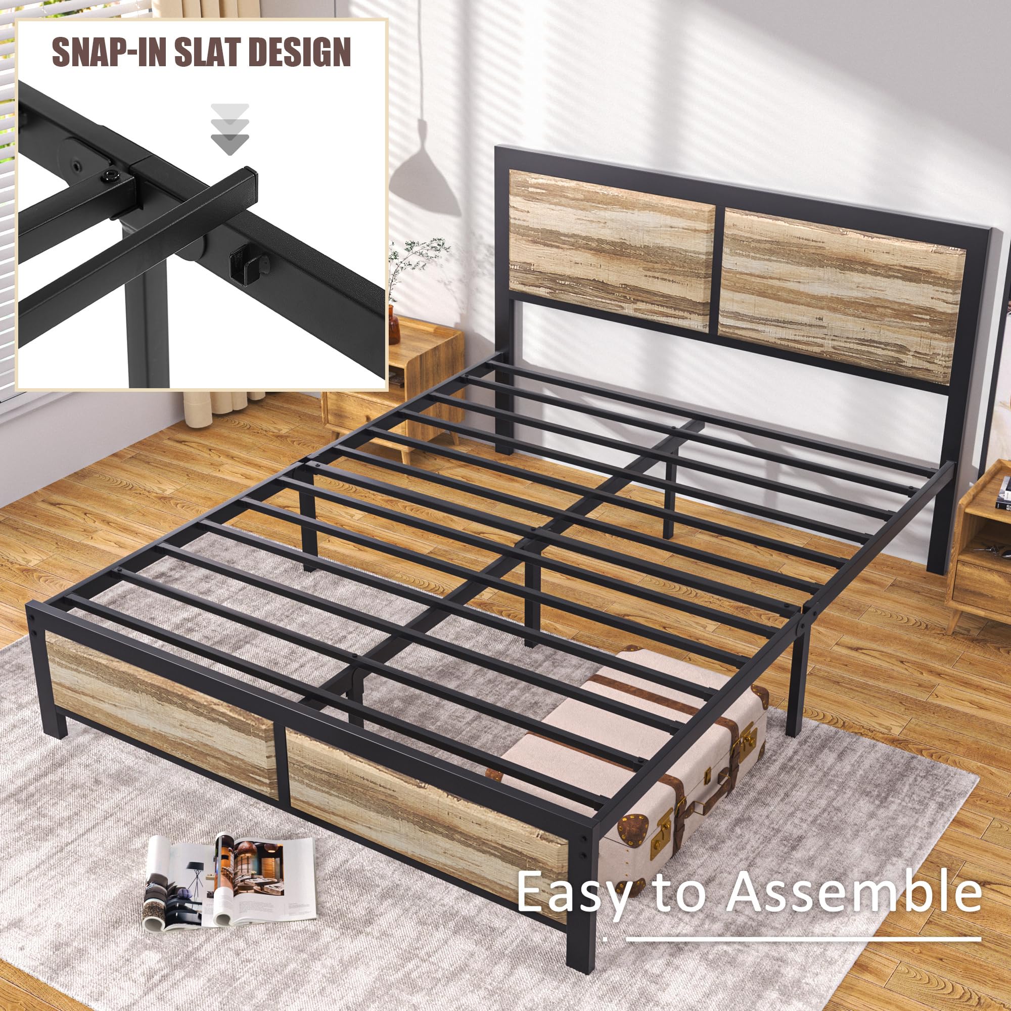 VECELO Queen Size Bed Frame with Wood Headboard and Footboard, 14 Inch Platform Mattress Foundation, No Box Spring Needed, Heavy Duty Slats Support, Easy Assembly