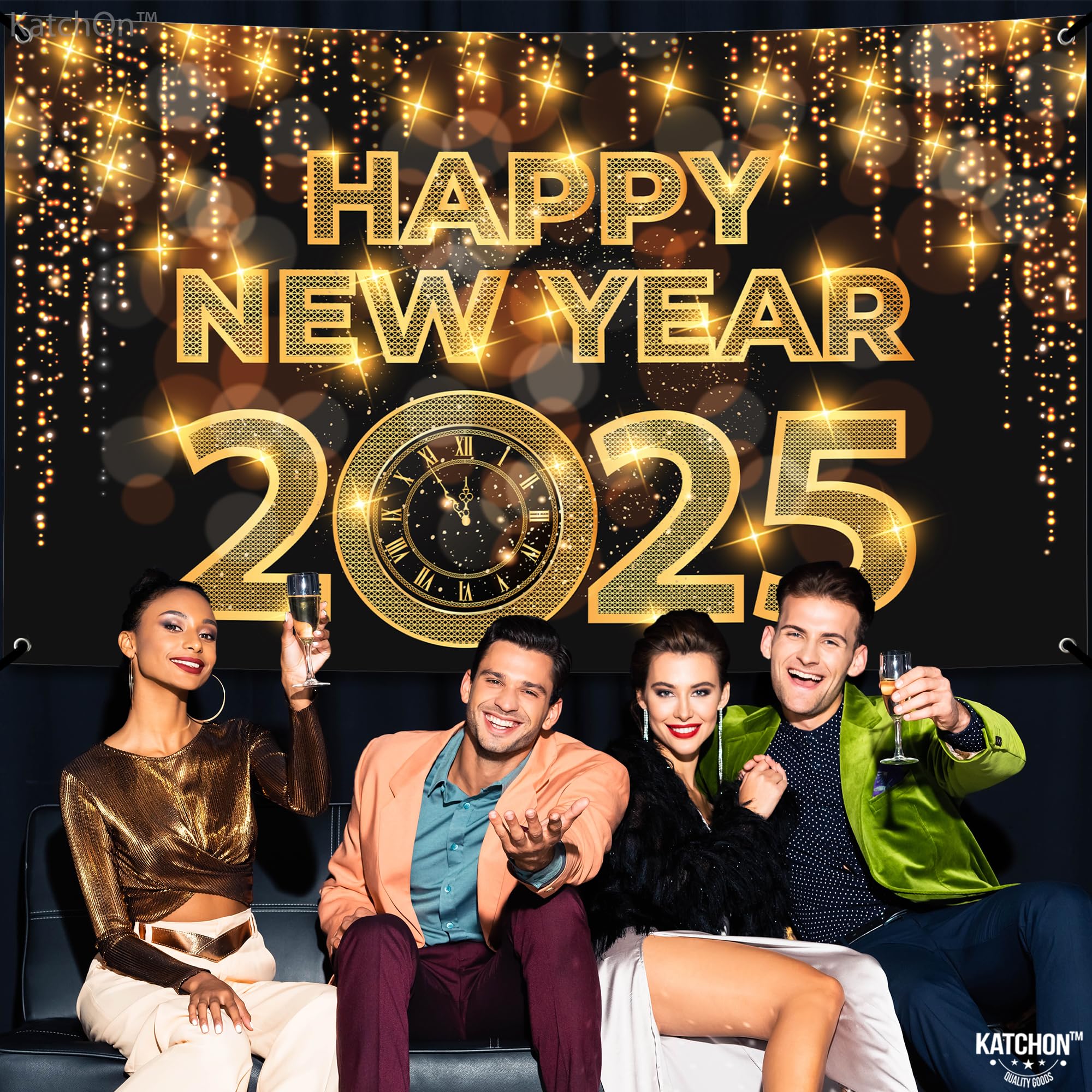 KatchOn, Large Happy New Year Banner 2025 - New Year Backdrop, 72x44 Inch | Happy New Year Decorations 2025 | Happy New Year Backdrop for New Years Eve Party Supplies 2025 | New Years Decorations 2025