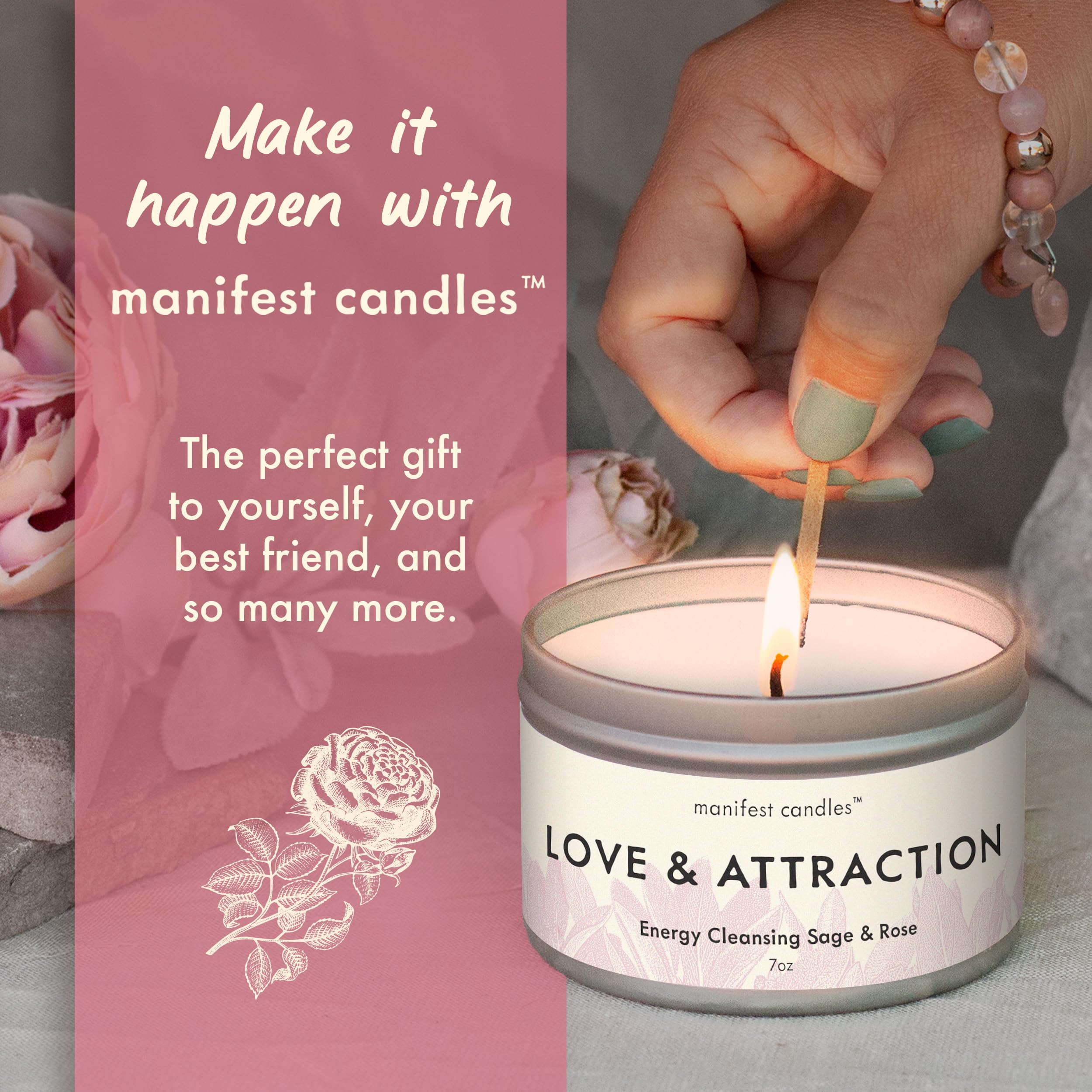 Manifest Candles 7oz Love Candle to Attract Love - Rose & Sage Scented - Love Attraction & Manifestation - Spiritual Meditation Candle with Manifestation Love Crystals Bracelets for Women