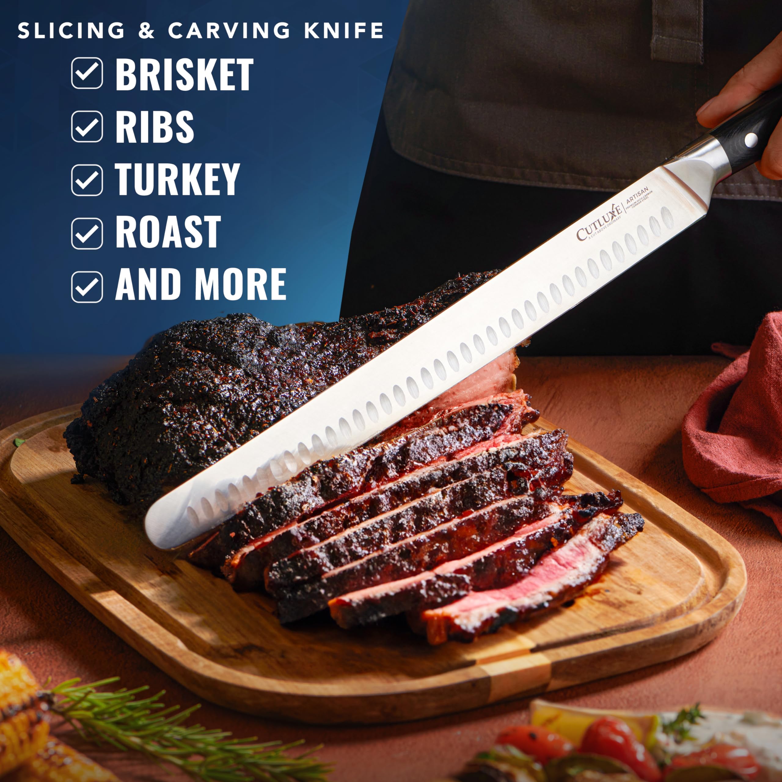 Cutluxe Slicing Carving Knife – 12" Brisket Knife, Meat Cutting and BBQ Knife – Razor Sharp German Steel, Sheath Included, Full Tang, Ergonomic Handle Design, Grilling Gifts for Men – Artisan Series