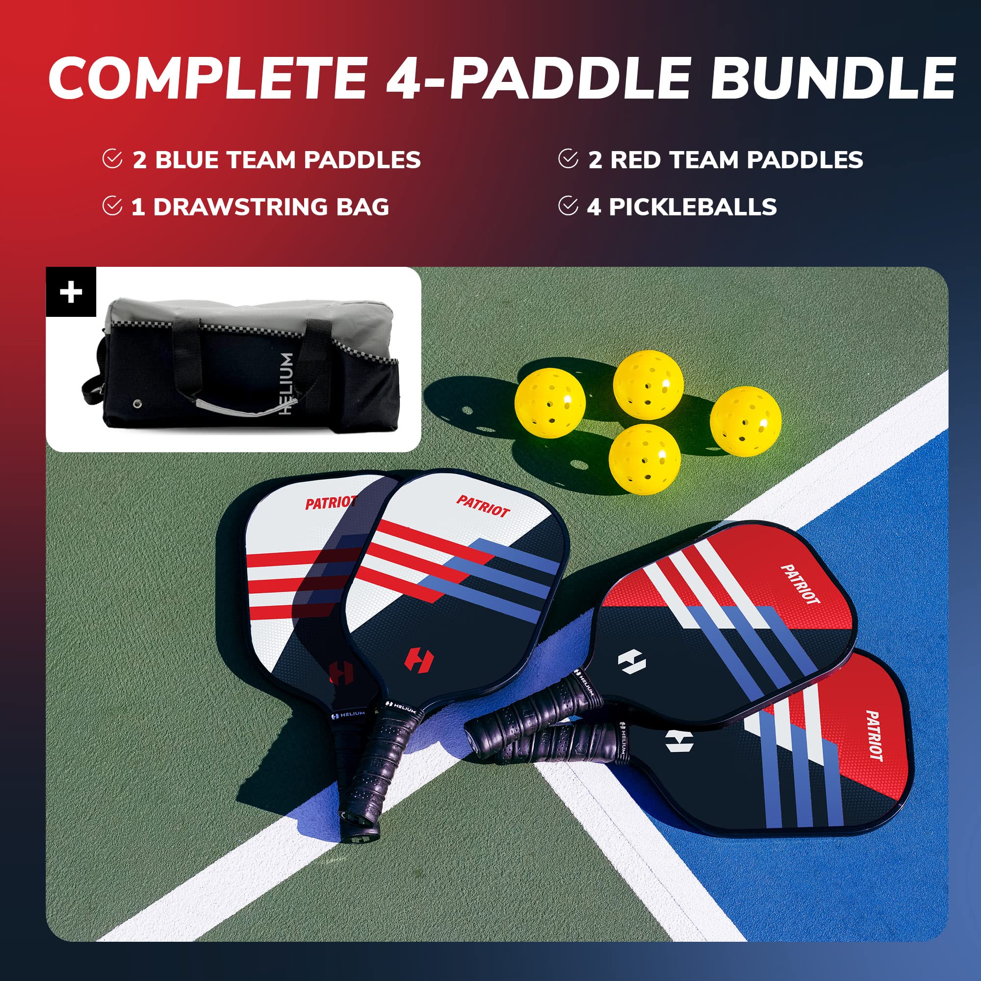 Helium Pickleball Paddles Set of 4 - USAPA Certified - Graphite Fiberglass Surface, Lightweight Honeycomb Core