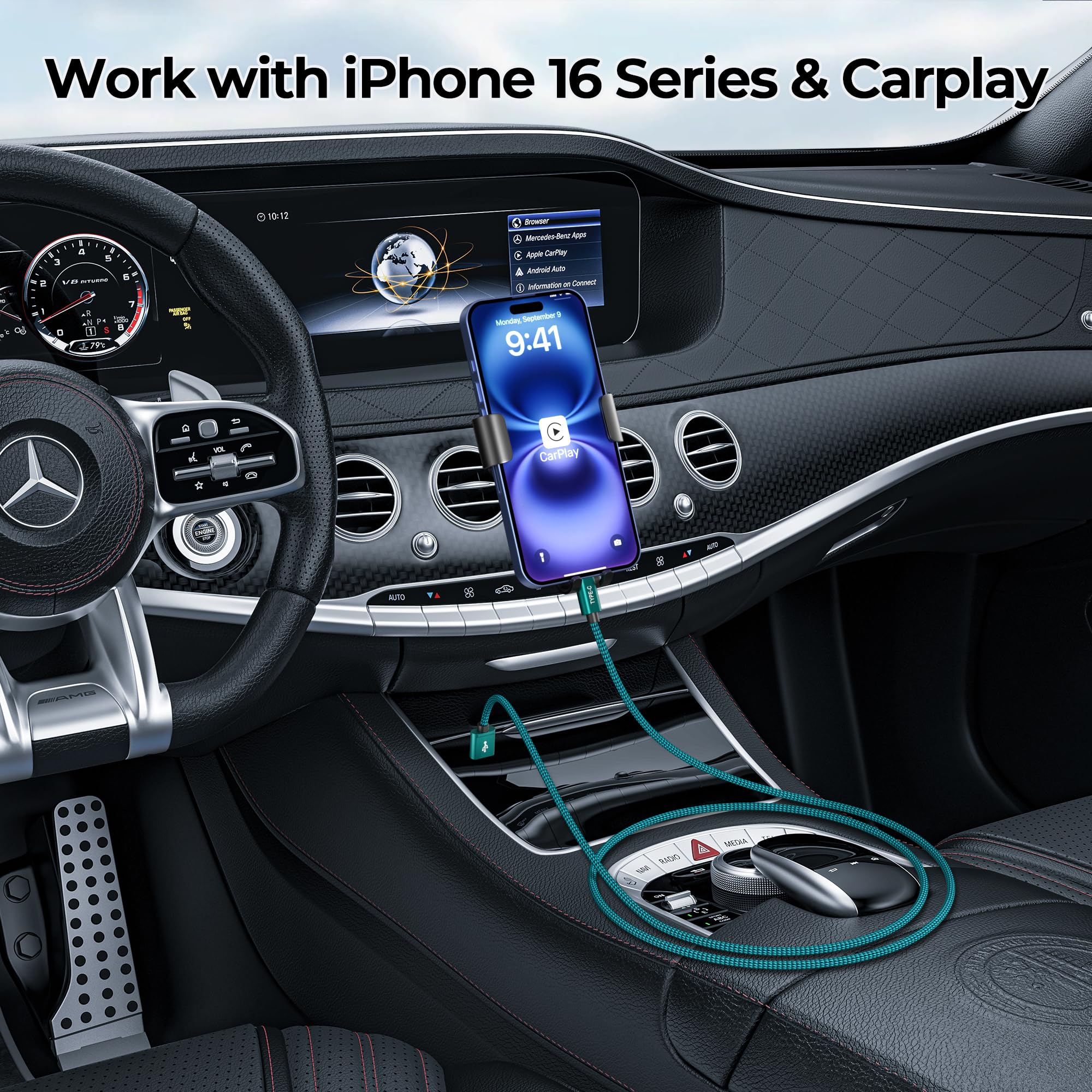 Car Carplay Cable for iPhone 16 15 Pro Max 3Pack 3.3/6.6/10FT,USB A to USB C Car Charger Cord for iPad Pro 10 Air 4 5 Mini 7 6,Apple Airpods,Samsung Galaxy S24 S23 S22,Z Flip Fold,A42,A54 A53 A52 A51