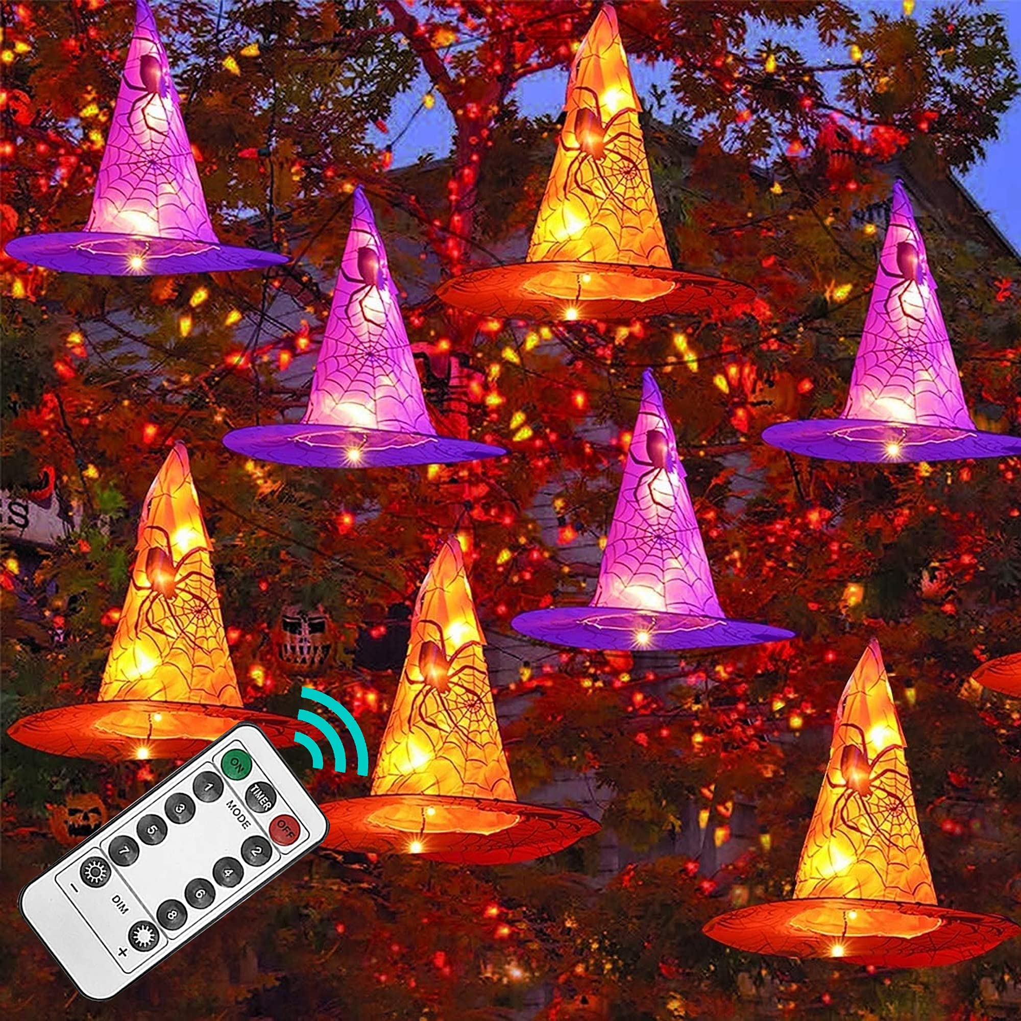 Funpeny Halloween Decoration Lights, 8 PCS Waterproof Hanging Witch Hat with String Lights with Remote for Indoor Outdoor Garden Yard Party Decor