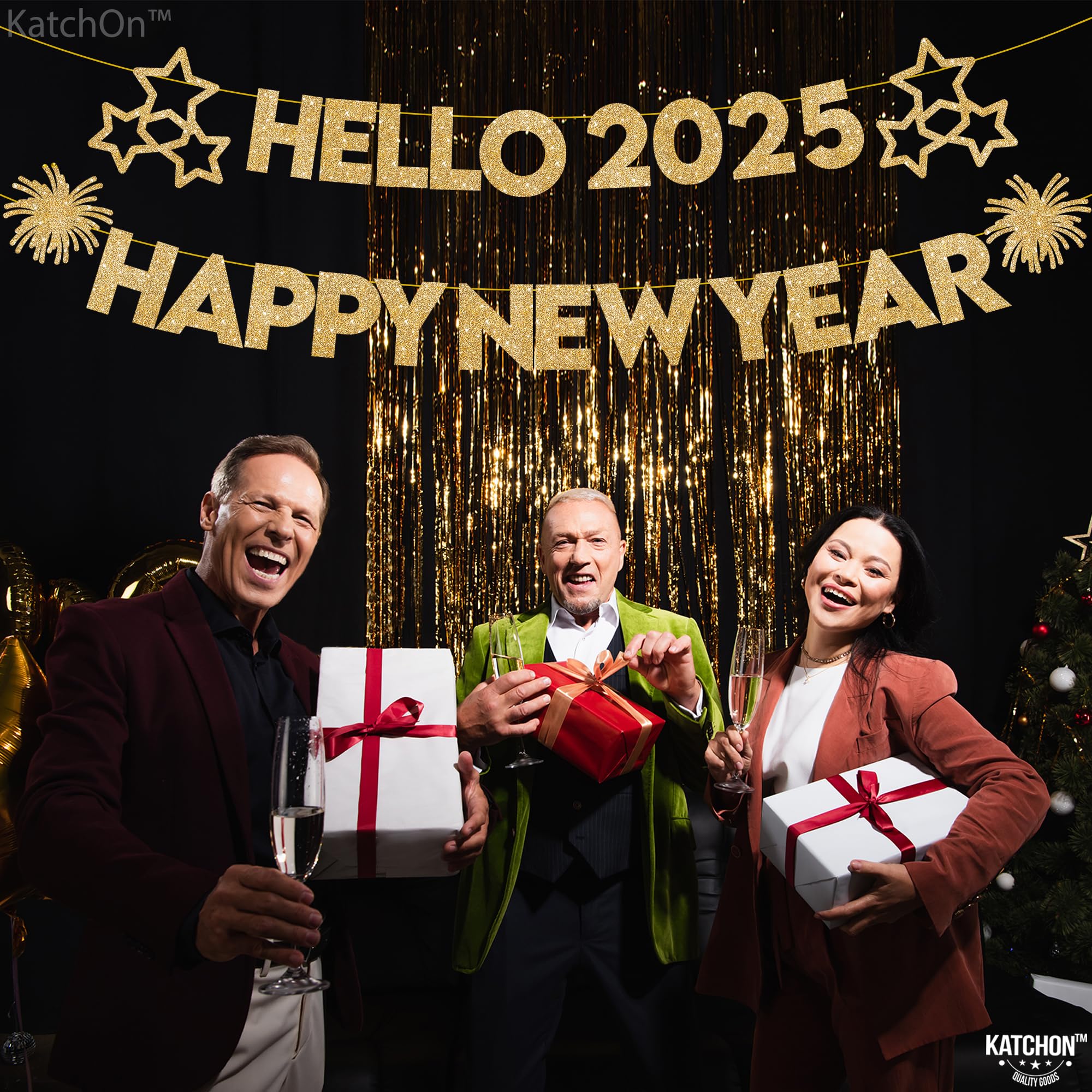 KatchOn, Happy New Year Banner - 10 Feet, No DIY | Hello 2025 Banner for Happy New Year Decorations 2025 | NYE Banner, New Years Banner | New Years Eve Party Supplies 2025 | NYE Decorations 2025