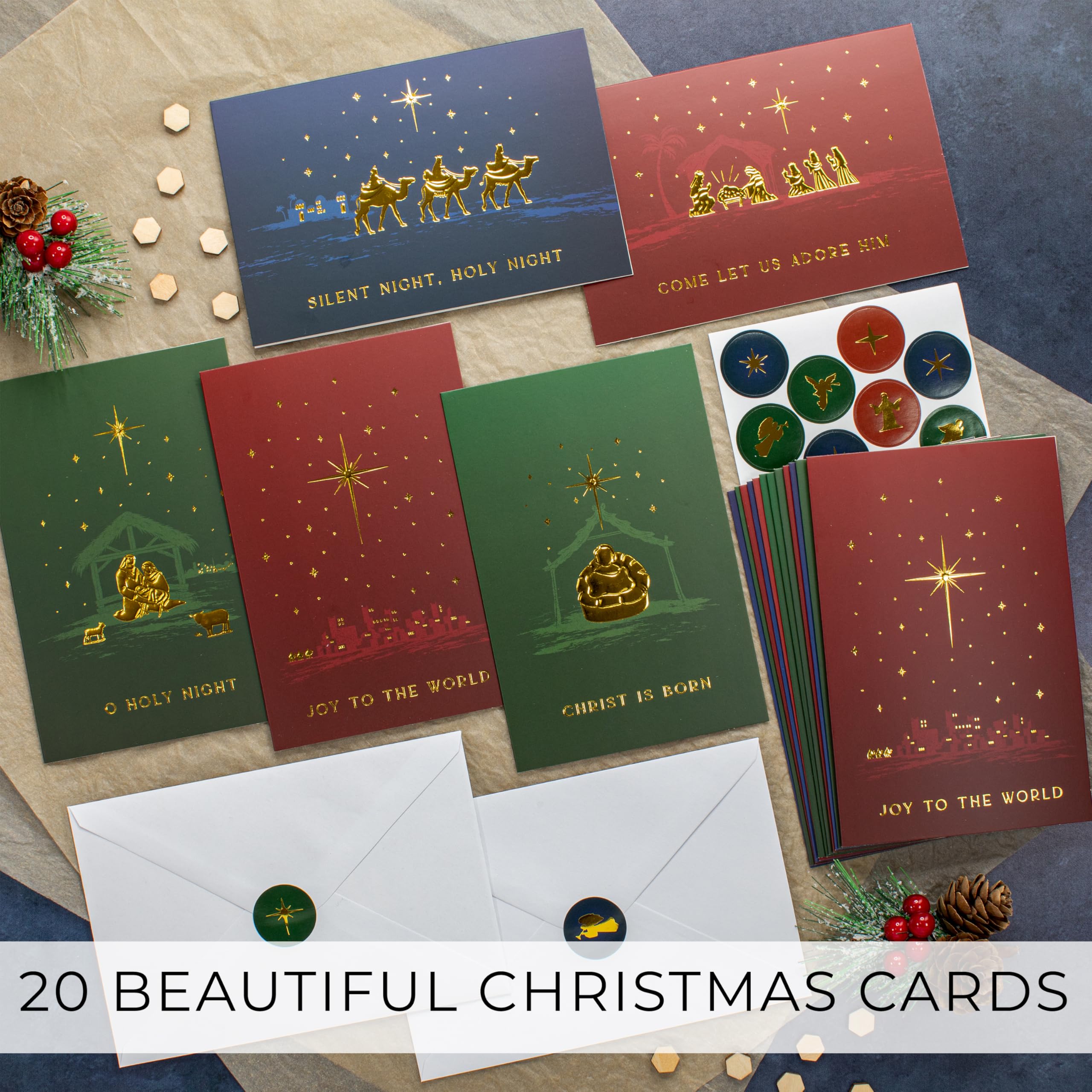 ZICOTO Beautiful Christmas Cards Set of 20 with Religious Designs - Incl. Bulk Envelopes, Matching Stickers And Storage Box - Perfect to Send Warm Holiday Wishes to Friends and Family