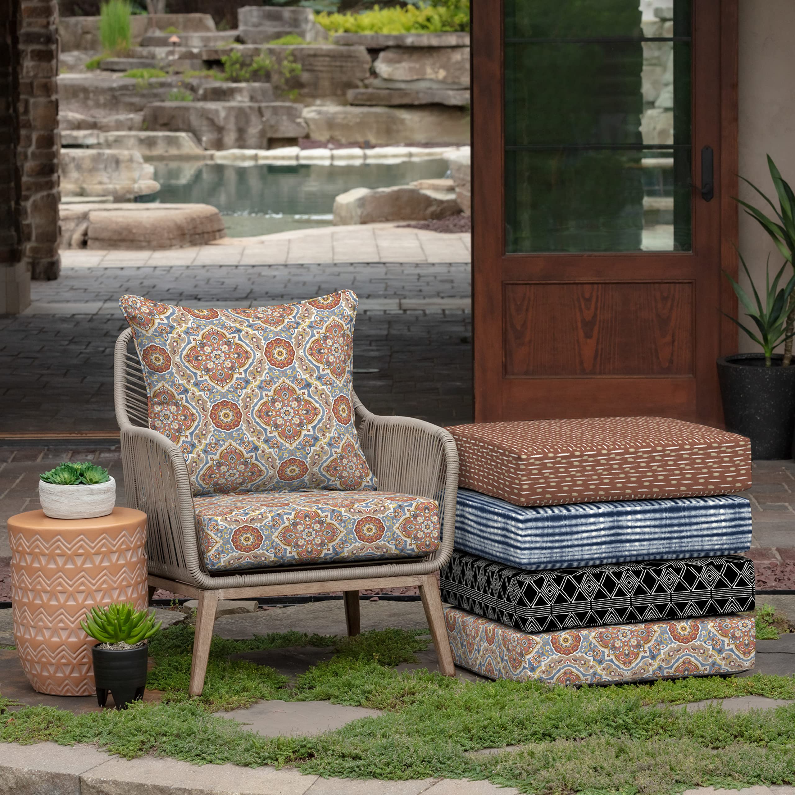 Arden Outdoor Deep Seat Cushion Set, 24 in x 24 in, Weather-Proof, Rain-Proof, Fade Resistant Patio Cushion for Chair, Sofa, and Couch Global Vintage Medallion
