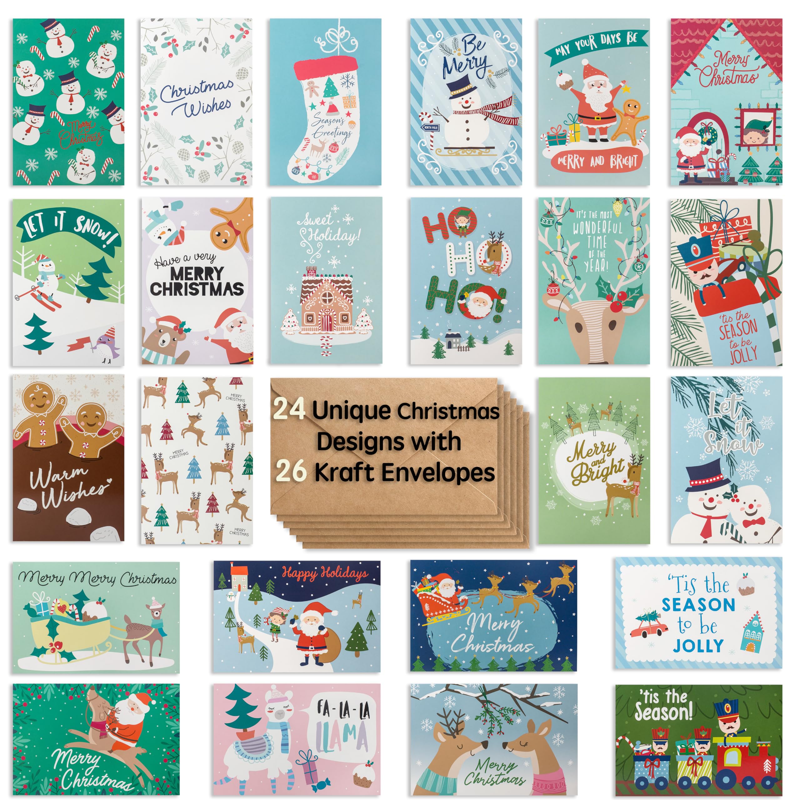 24 Cute Christmas Cards Assorted - Joyful Christmas Greeting Cards in 24 Unique Designs -Happy Holiday Cards- Family Christmas Cards- Bulk Assorted Christmas Cards with Envelopes, 4 x 6 Inches