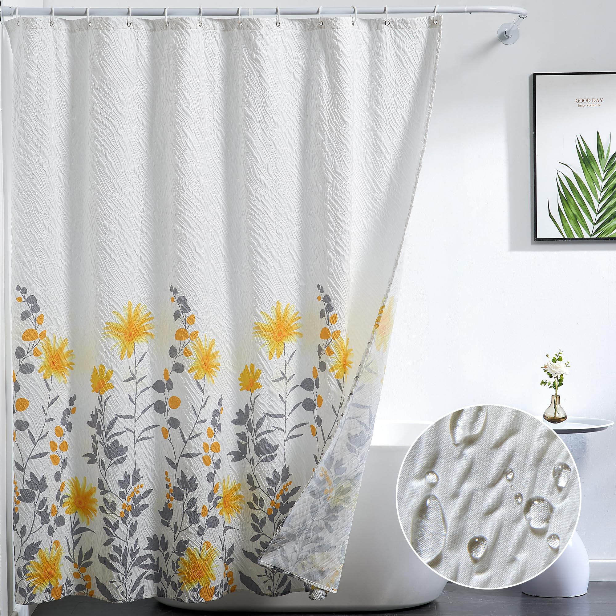 Yellow Floral Shower Curtain Set for Bathroom, Boho Sunflower Shower Curtain, Yellow & Gray Textured Shower Curtains, Fabric Flower Shower Curtain Botanical Bath Curtain, Water Repellent 72x72Inch