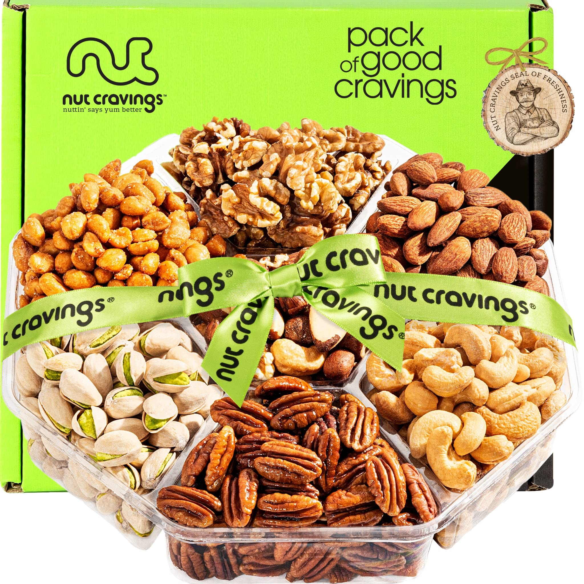 NUT CRAVINGS Gourmet Collection - Valentines Day Mixed Nuts Gift Basket + Green Ribbon (7 Assortments, 1 LB) Galentines Arrangement Platter, Birthday Care Package - Healthy Kosher Corporate Gifts