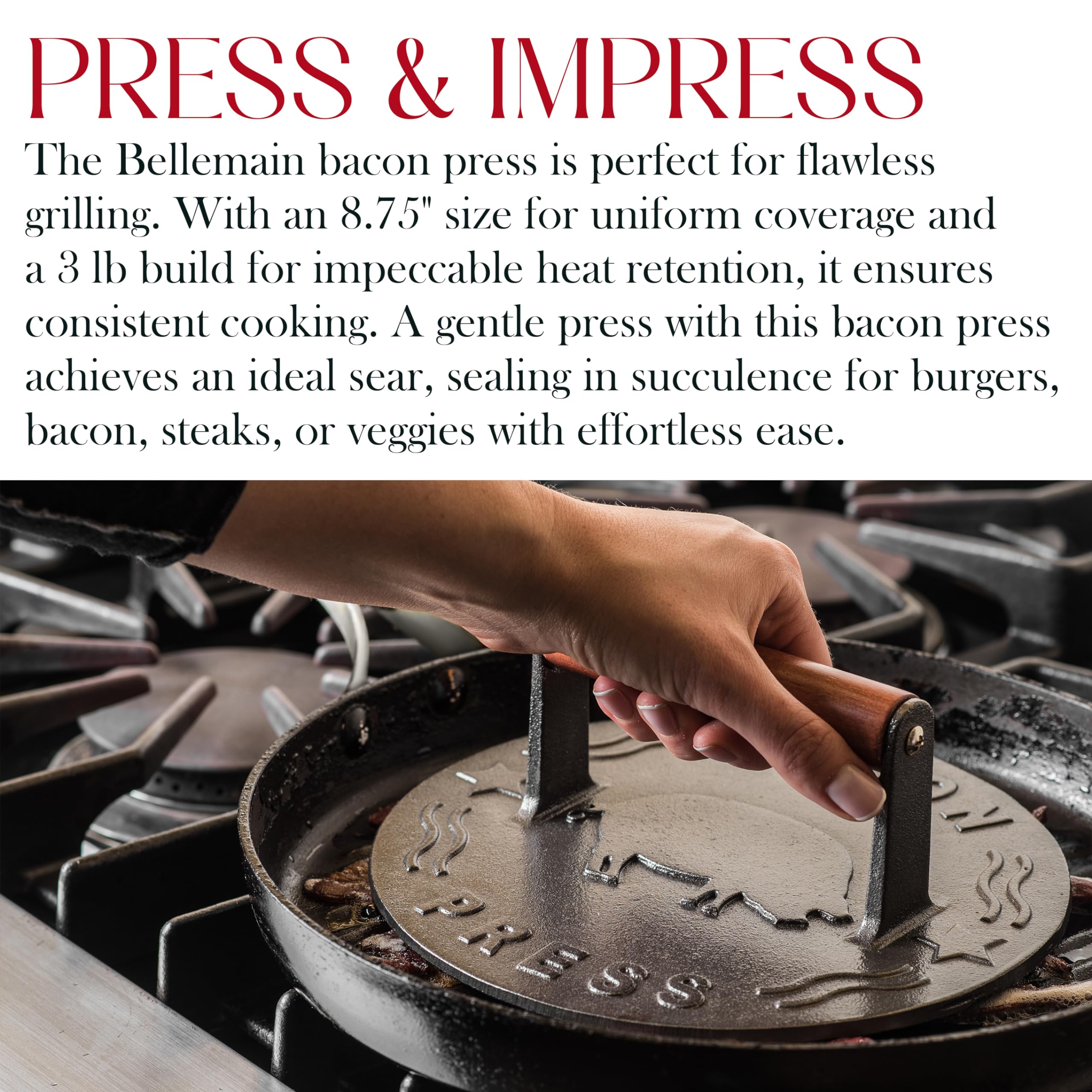 Bellemain Bacon Press 8.5-Inch Round | Heavy-Duty Cast Iron Grill Press for Perfectly Seared Bacon, Steak & Sandwiches | Equalized Weight Distribution