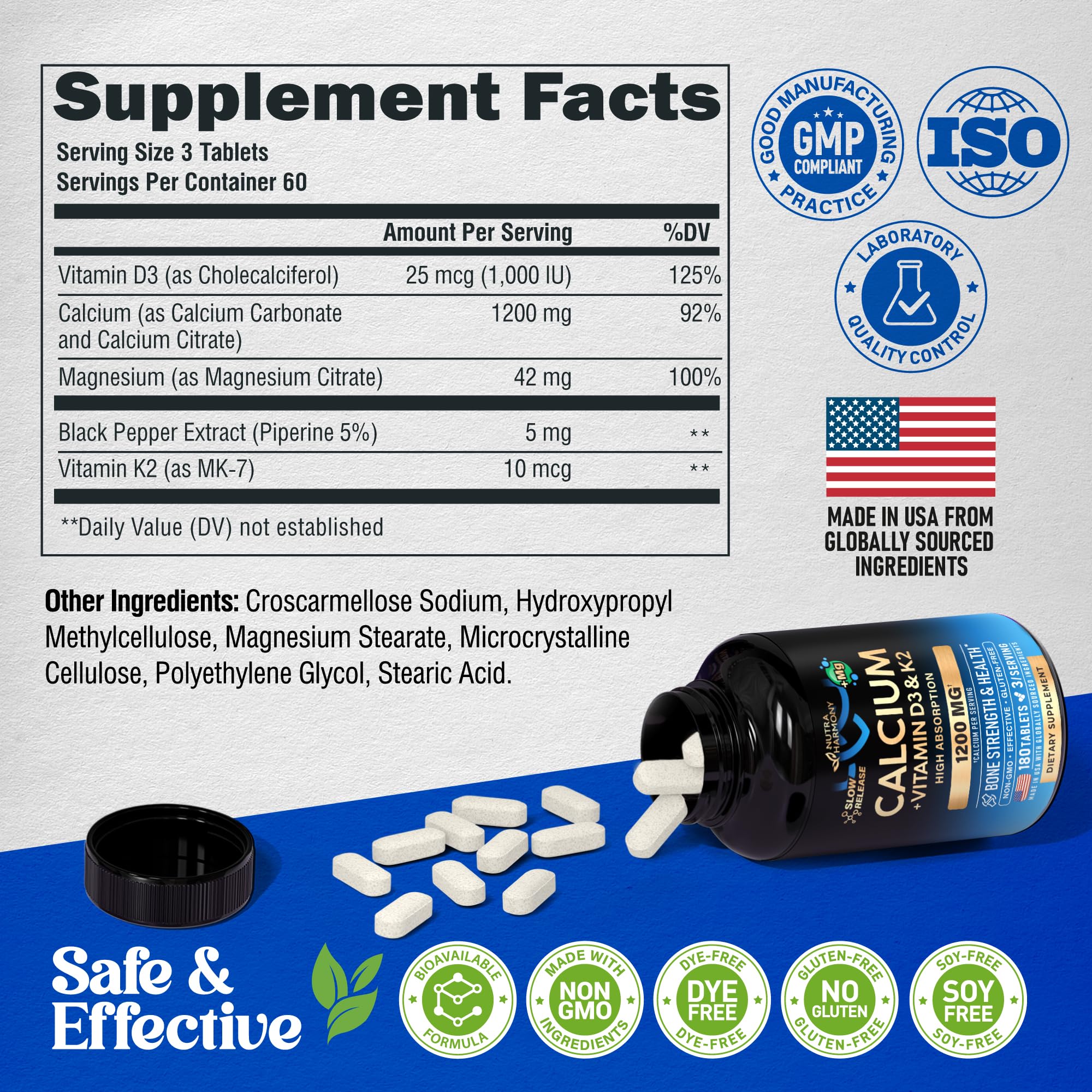 Calcium Supplements for Women - Calcium 1200 mg with Vitamin D3 & K2 - Bone Health, Strength & Density - High Absorption, Slow Release - Made in USA - Citrate & Carbonate Form, 180 Tablets for 2 Month
